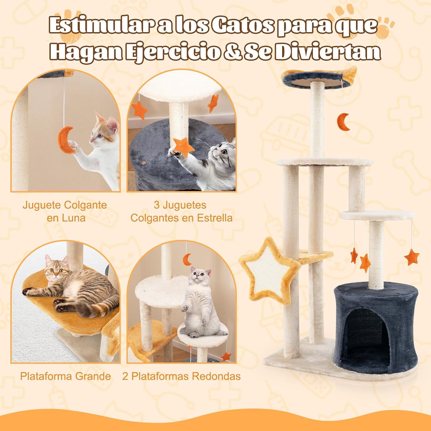 COSTWAY &Aacute;rbol para Gatos de 128 cm, Torre para Gatos con Postes Rascadores de Sisal, Condominio, Plataforma de Felpa, Juguetes Colgantes, &Aacute;rbol Rascador para Gatos, Beige y Gris Oscuro y Naranja, , large Imagen numero 5