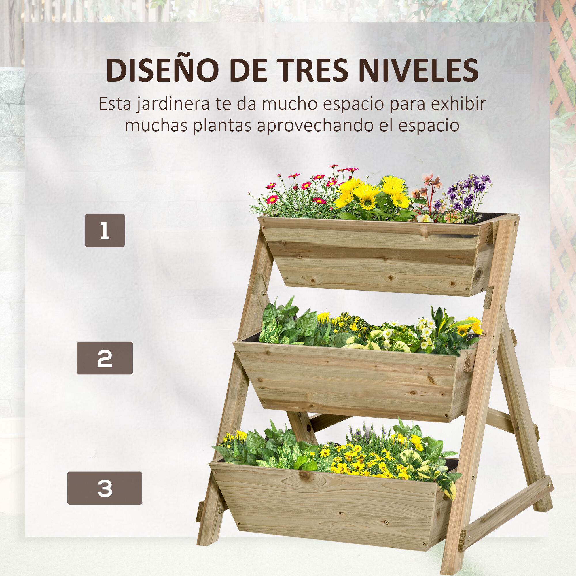 Outsunny Jardinera de Escalera de 3 Niveles Maceteros de Madera Jardinera Vertical con Tela no Tejida y Orificios de Drenaje Huerto Urbano para Plantas Macetas Flores Jard&iacute;n 71x61x77 cm Natural, , large Imagen numero 4