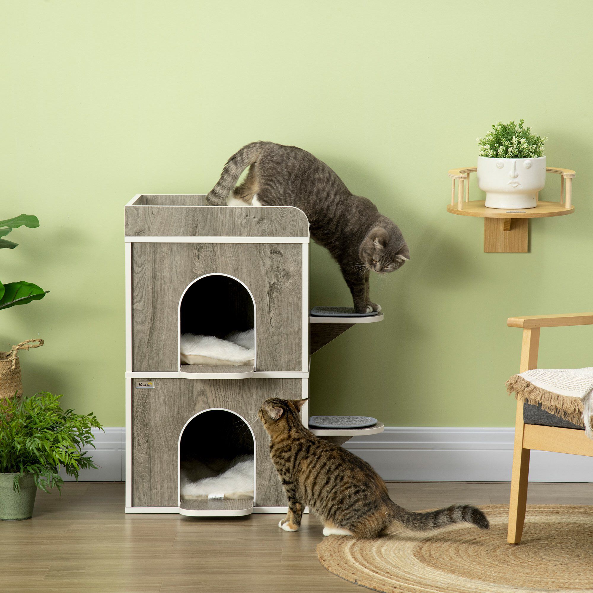 Pawhut Caseta para Gatos de Madera Casa para Gatos Forma de Barril con 3 Cojines 2 Orificios Frontales y 2 Plataformas Laterales 68x53x80,5 cm Gris, , large Imagen numero 2