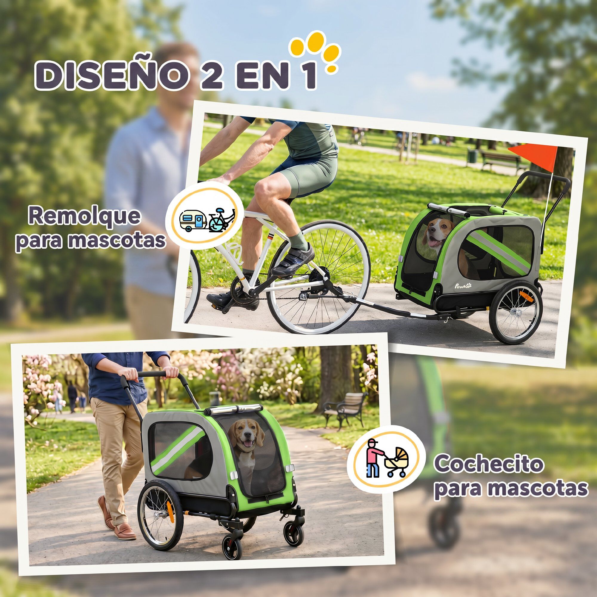 PawHut Remolque de Bicicleta Perro Verde, , large Imagen numero 4