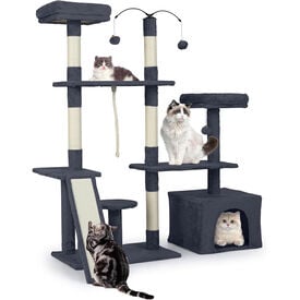 COSTWAY &Aacute;rbol Rascador para Gatos de 136 cm, Castillo para Gato con Postes de Sisal, Rampa, 2 Posaderos Acolchados, Condo Grande, Bolas Colgantes, Torre Rascador para Hogar Varios Gatos (Gris Oscuro)
