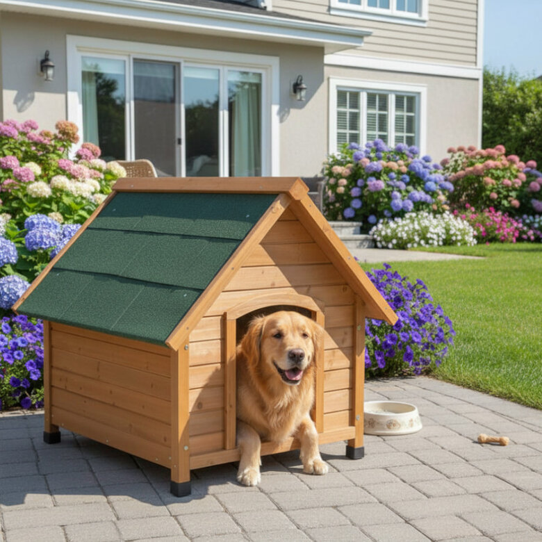 Caseta para perros TK-Pet Woof con techo a dos aguas y puerta
