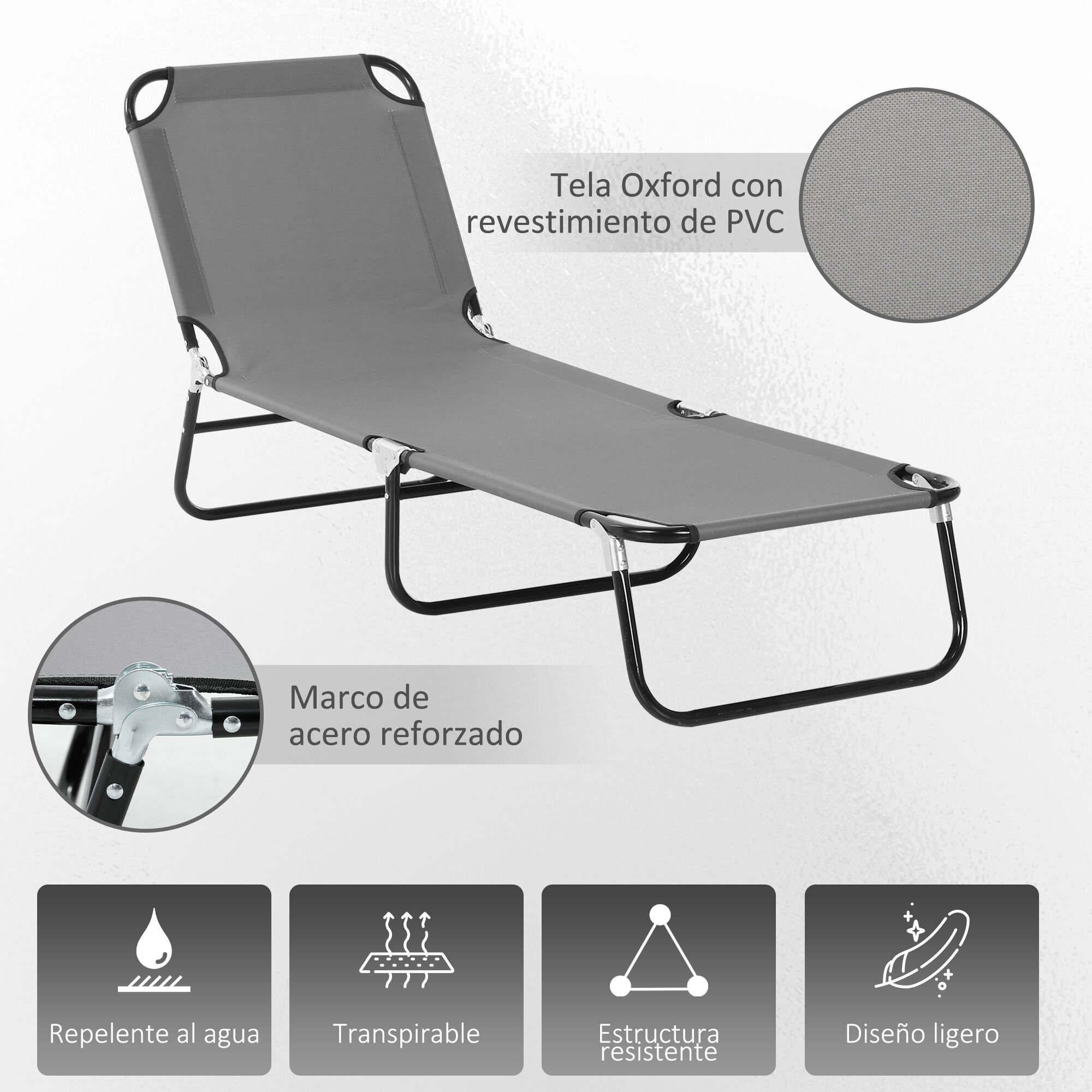 Outsunny Tumbona Plegable Reclinable con &Aacute;ngulo Ajustable de 5 Posiciones para Jard&iacute;n Exterior Piscina Terraza Camping Carga 120 kg 190x56x28 cm Gris, , large Imagen numero 5