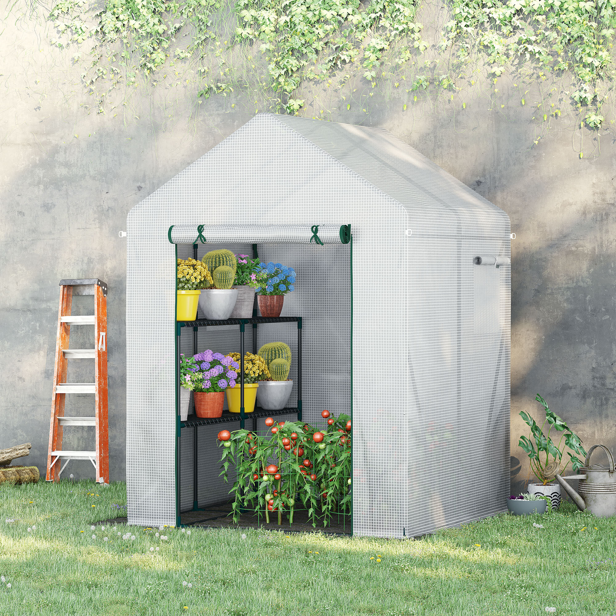 Outsunny Invernadero de Jard&iacute;n 143x143x195 cm Vivero Casero de Acero con 4 Estantes Puerta y 2 Ventanas Enrollables para Cultivos Plantas Macetas Flores Patio Exterior Blanco, , large Imagen numero 2