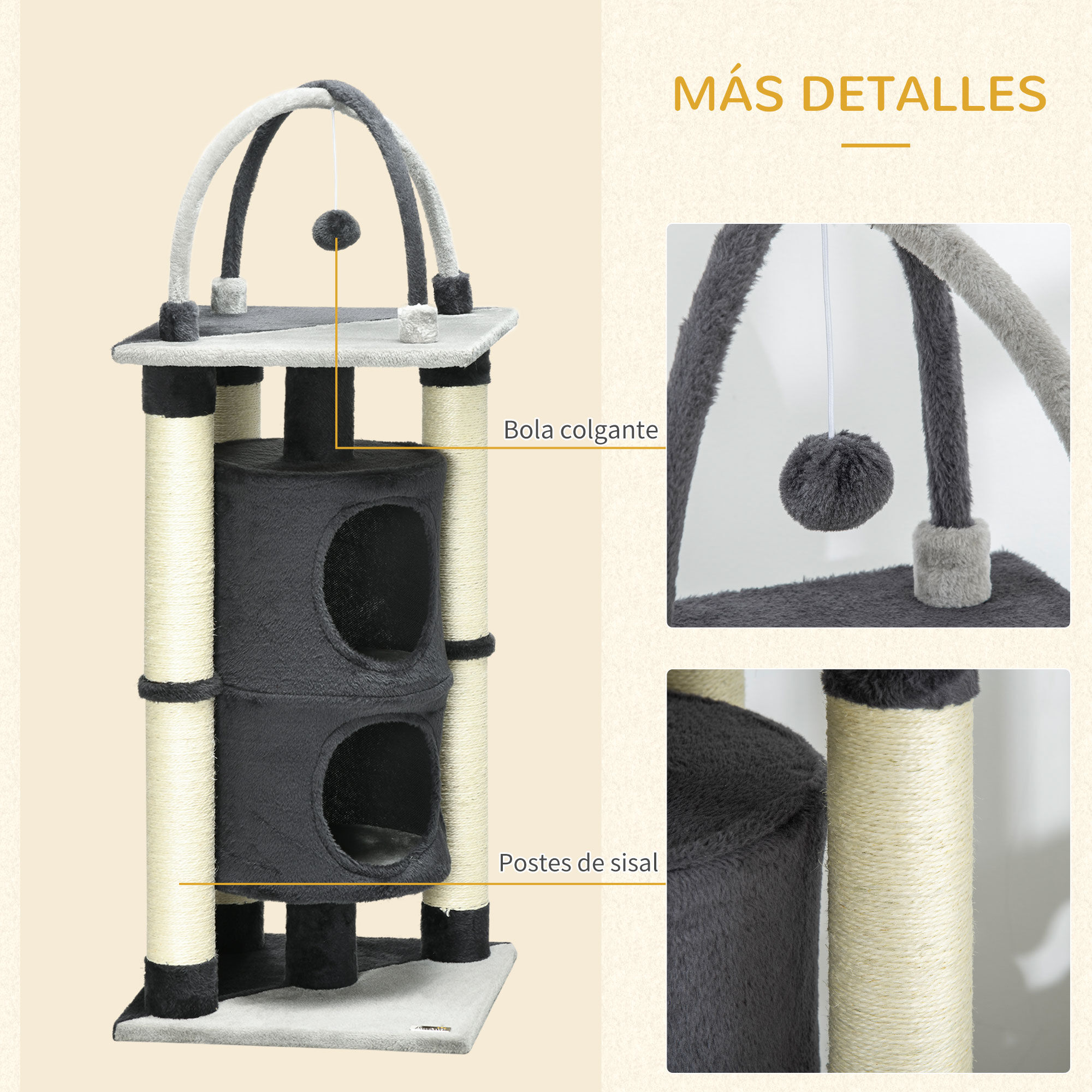 PawHut &Aacute;rbol para Gatos Altura 114 cm Barril Rascador para Gatos de 2 Niveles con Plataforma Postes de Yute y Bola Colgante 39x39x114 cm Gris, , large Imagen numero 5