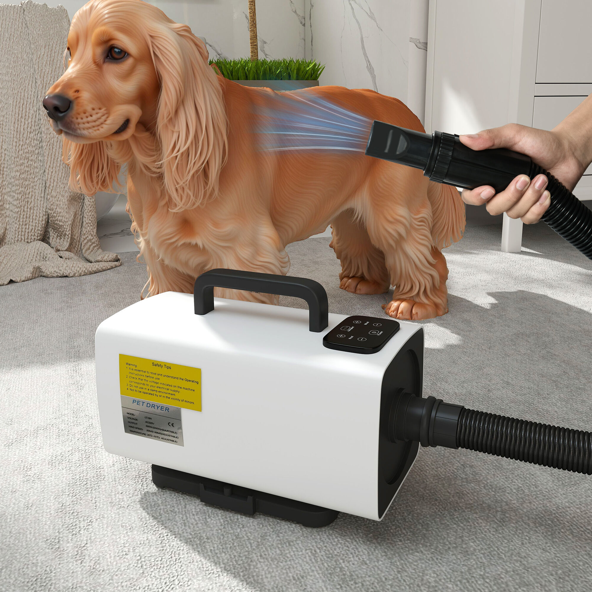PawHut Secador de Perros Secador de Pelo para Perros 2200 W Velocidad y Temperatura Ajustables 3 Boquillas Pantalla Digital para Aseo Ducharse Secarse Blanco, , large Imagen numero 2