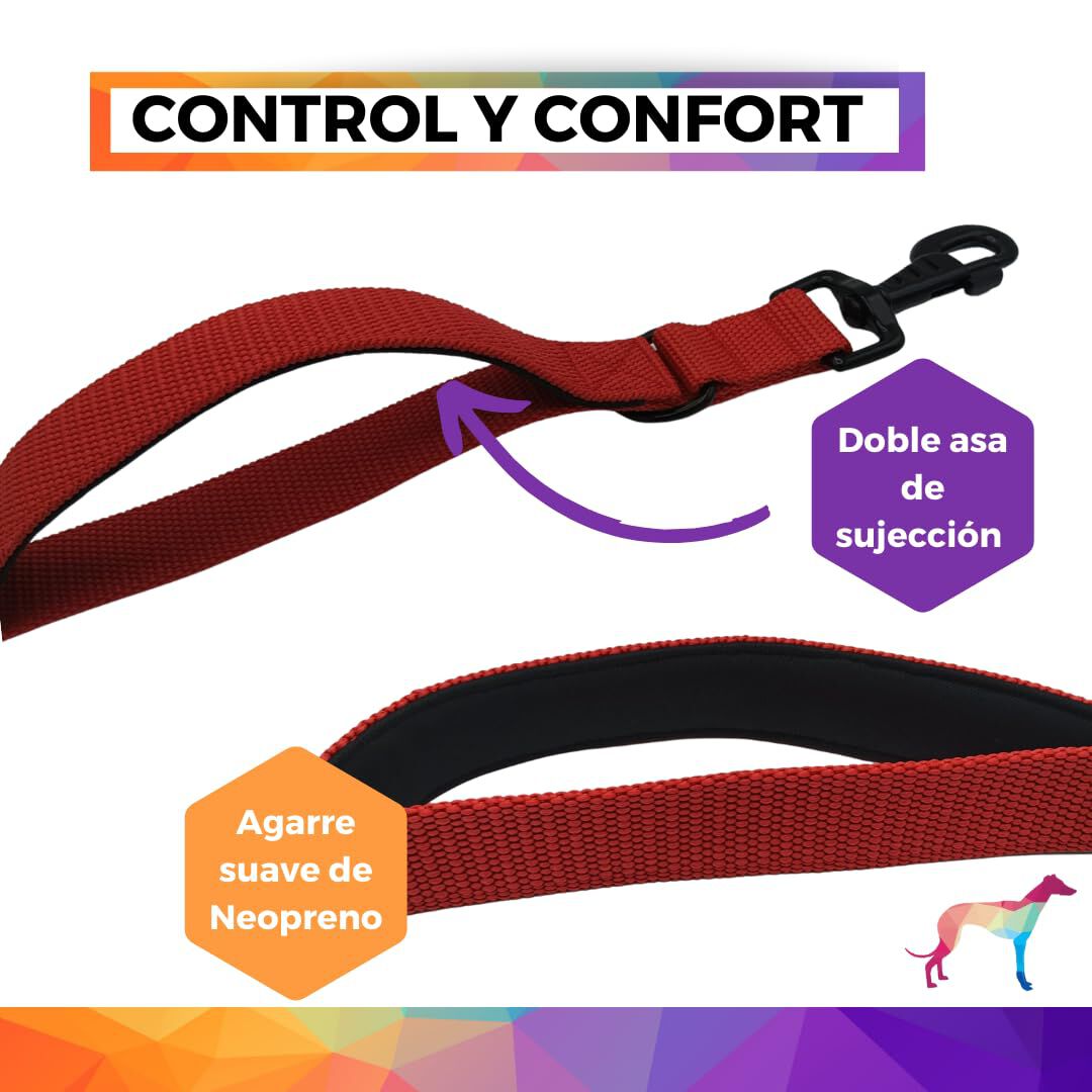 EGV - Correa multiposicion perro con doble asa de neopreno. Correa perro manos libres de 2,50 metros de longitud. (Rojo), , large Imagen numero 2