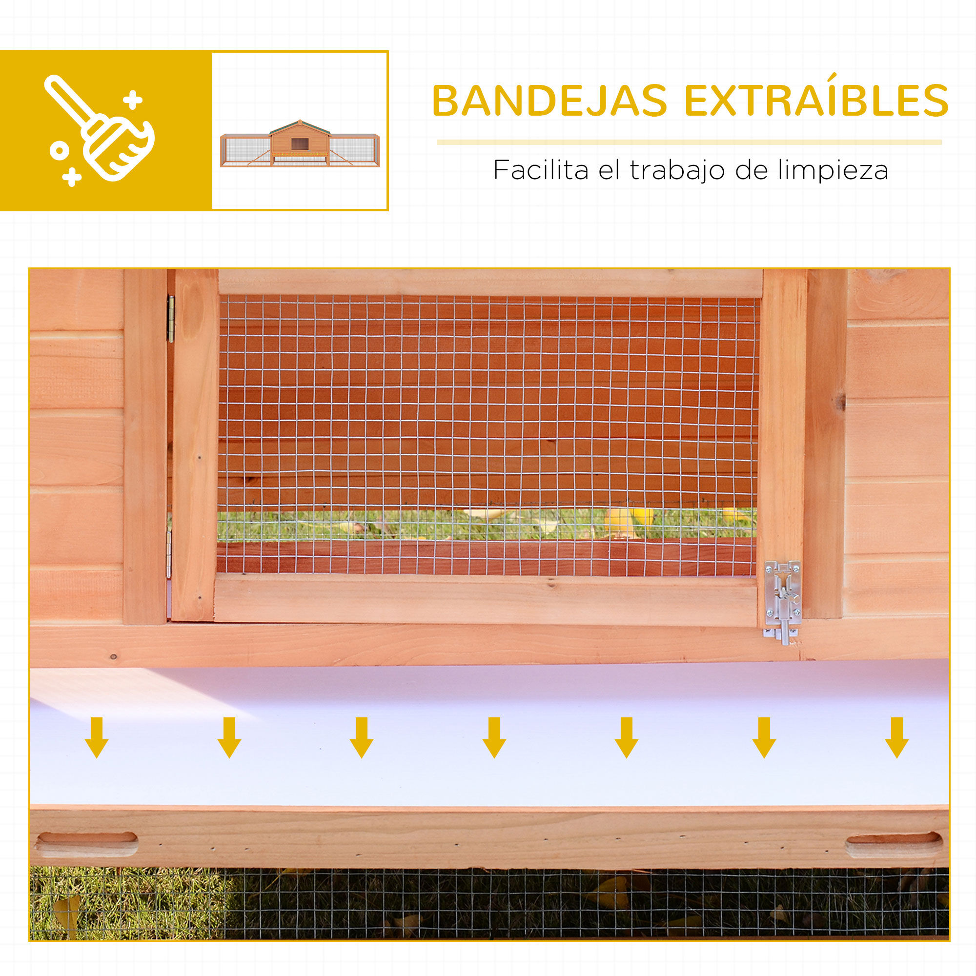 PawHut Conejera de Madera 309x79x86 cm Conejera Exterior Grande para 2-4 Conejos con 2 Corrales Bandeja Extra&iacute;ble Techo Asf&aacute;ltico 2 Rampas Natural, , large Imagen numero 5