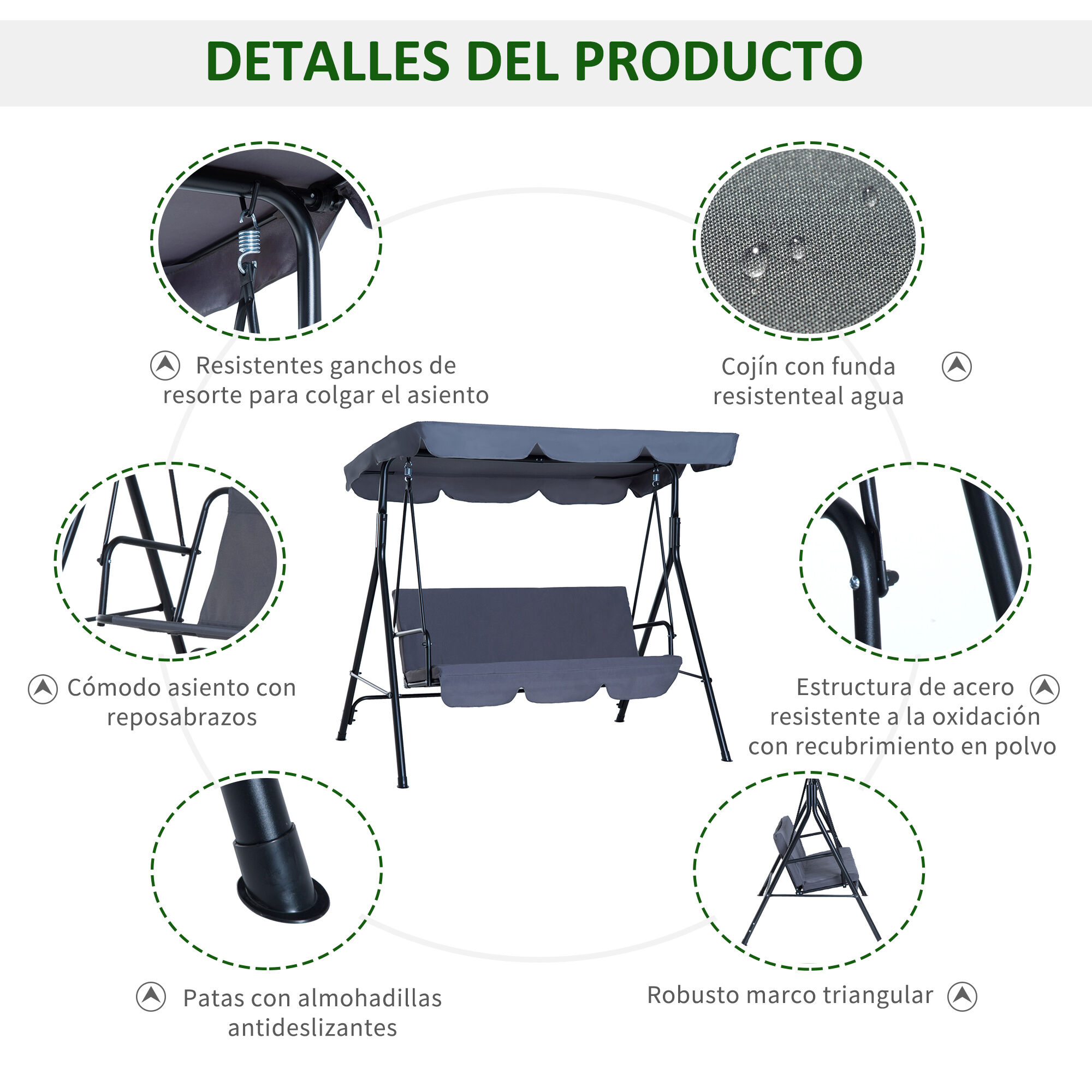 Outsunny Columpio de Jard&iacute;n de 3 Plazas Silla Balanc&iacute;n con Parasol Techo Ajustable en &Aacute;ngulo para Terraza Balc&oacute;n Carga M&aacute;x. 200 kg Acero 172x110x153 cm Gris, , large Imagen numero 5