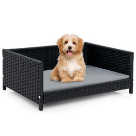 COSTWAY Cama Perro de Rat&aacute;n, Cama para Perros de 62x46x25cm, Sof&aacute; Cama para Mascotas de Mimbre Tejido a Mano con Coj&iacute;n Suave Impermeable, Estructura de Metal Adecuado para Perros Peque&ntilde;os/Medianos