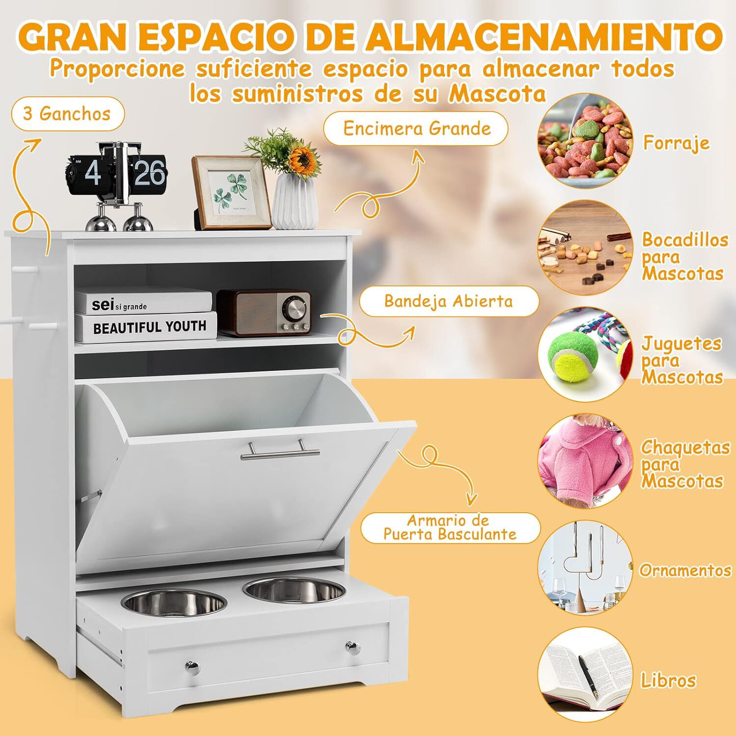 COSTWAY Estaci&oacute;n de Alimentaci&oacute;n Casita para Mascotas con Cuenco de Acero Inoxidable, Gancho para Colgar, Dispositivo Antivuelco, 61 x 35,5 x 82,5 cm, Gabinete de Almacenamiento para Mascotas, , large Imagen numero 3