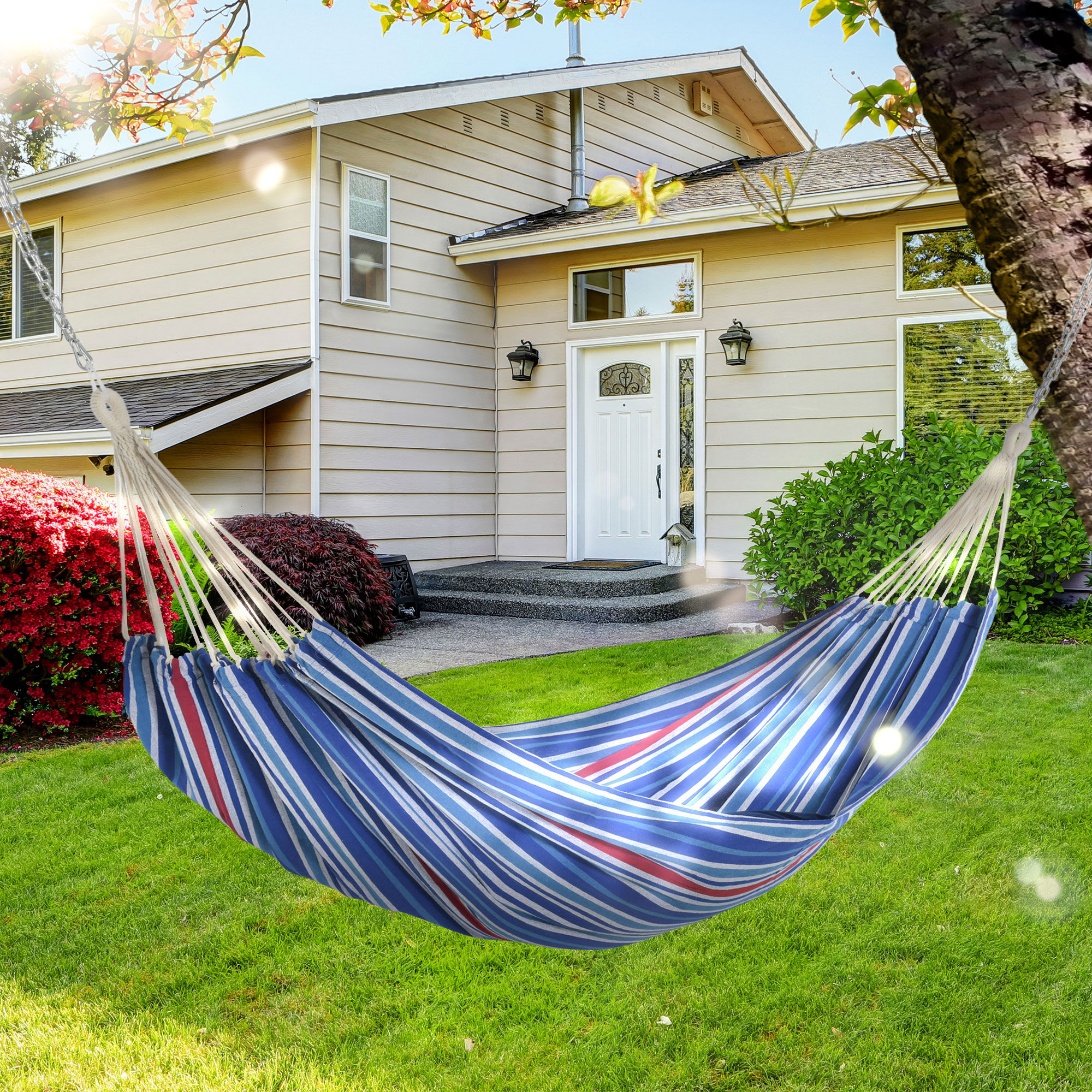 Outsunny Hamaca de Algod&oacute;n para Jard&iacute;n 210x150 cm Hamaca Colgante Port&aacute;til Carga M&aacute;x. 180 kg para Acampar Piscina Camping Rayas Azul y Rojo, , large Imagen numero 2