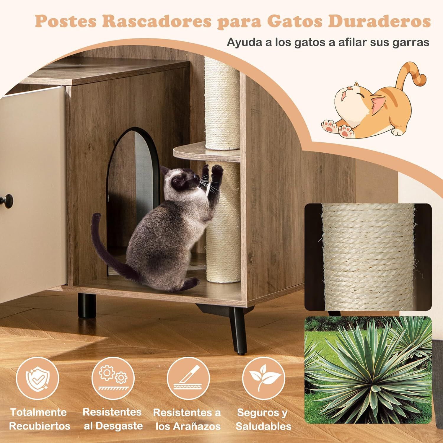 COSTWAY Mueble Arenero para Gatos con 3 Postes Rascadores de Sisal, Condominio para Gatos, Mueble para Caja de Arena 5 en 1 con Ba&ntilde;o Oculto para Gato, Carga 30 kg, Gris y Blanco, , large Imagen numero 4