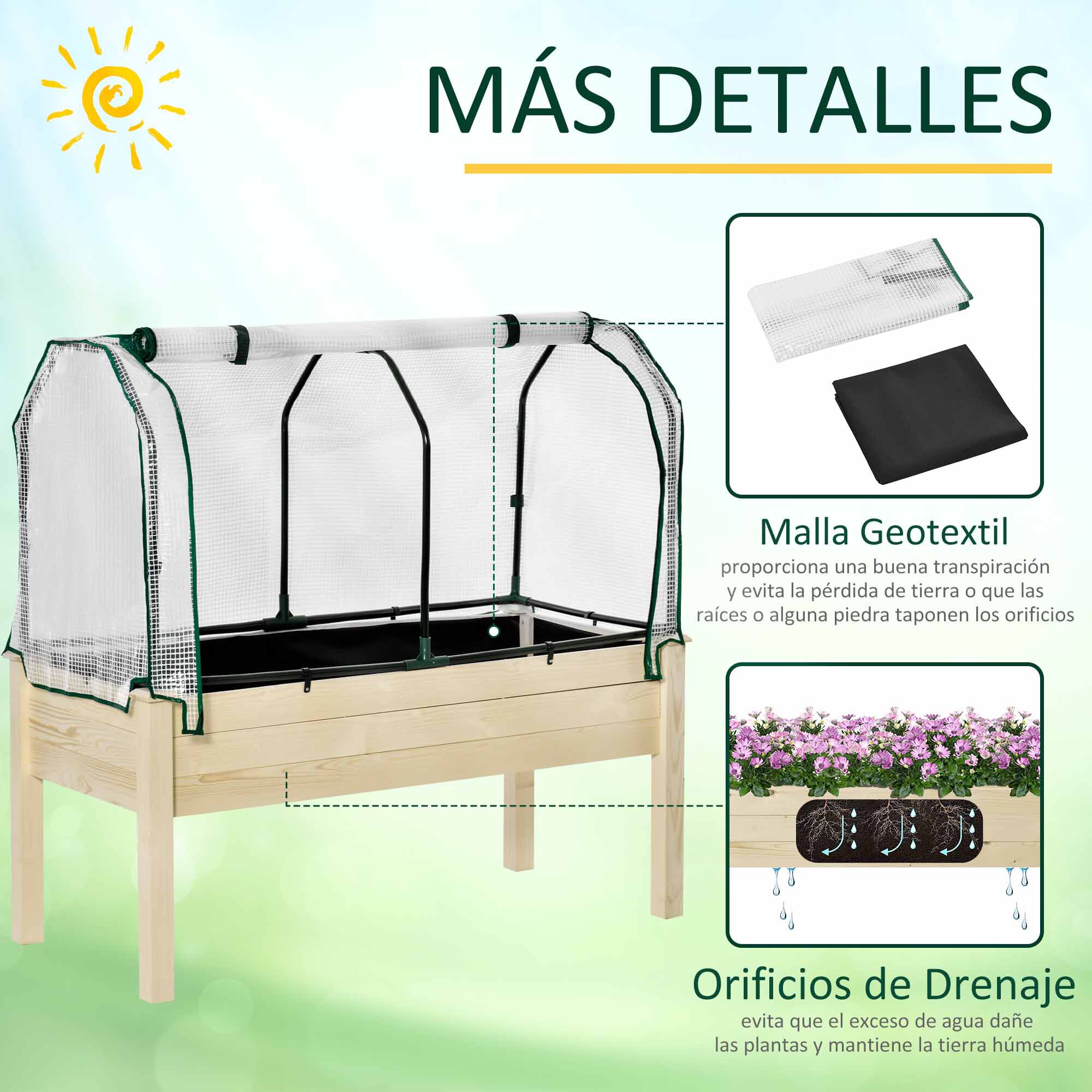 Outsunny Huerto Urbano Elevado de Madera 121x55x117 cm con Cubierta de Protecci&oacute;n Mesa de Jardinera para Cultivo Flores Vegetales en Jard&iacute;n Terraza Color Natural, , large Imagen numero 5