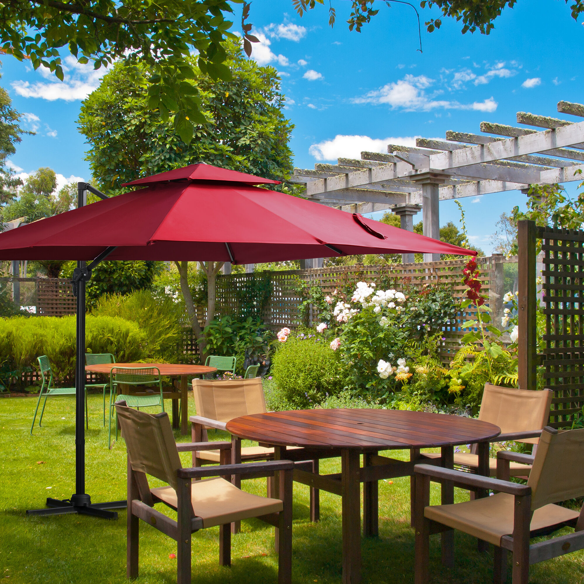 Outsunny Sombrilla de Jard&iacute;n 300x300 cm Parasol de Aluminio con Manivela Poste Giratorio 360&deg; Doble Techo Inclinable en 6 Posiciones y Base Cruzada Incluida Rojo, , large Imagen numero 2