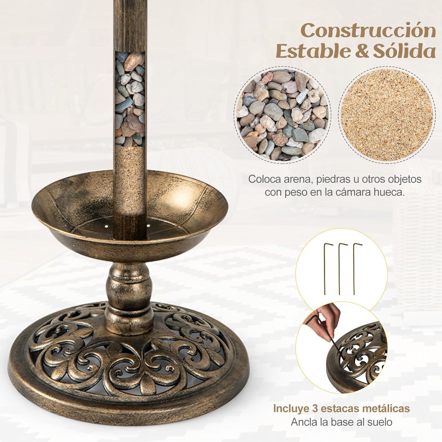 COSTWAY Comedero de Pájaros Exterior con 2 Luces LED Solares y Macetero de Flores en bronce para aves thumbnail