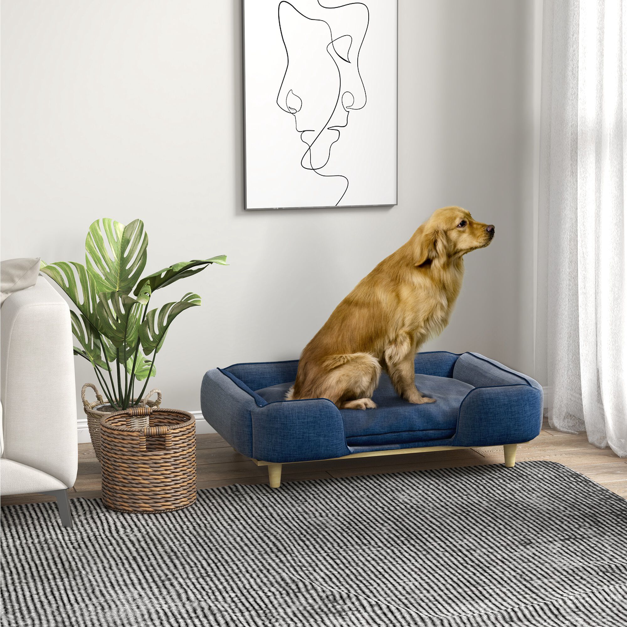 PawHut Sof&aacute; para Perros Grandes Cama Elevada para Perros con Patas de Madera y Coj&iacute;n Lavables Cama para Mascotas Carga 30 kg 96x66x24 cm Azul, , large Imagen numero 2