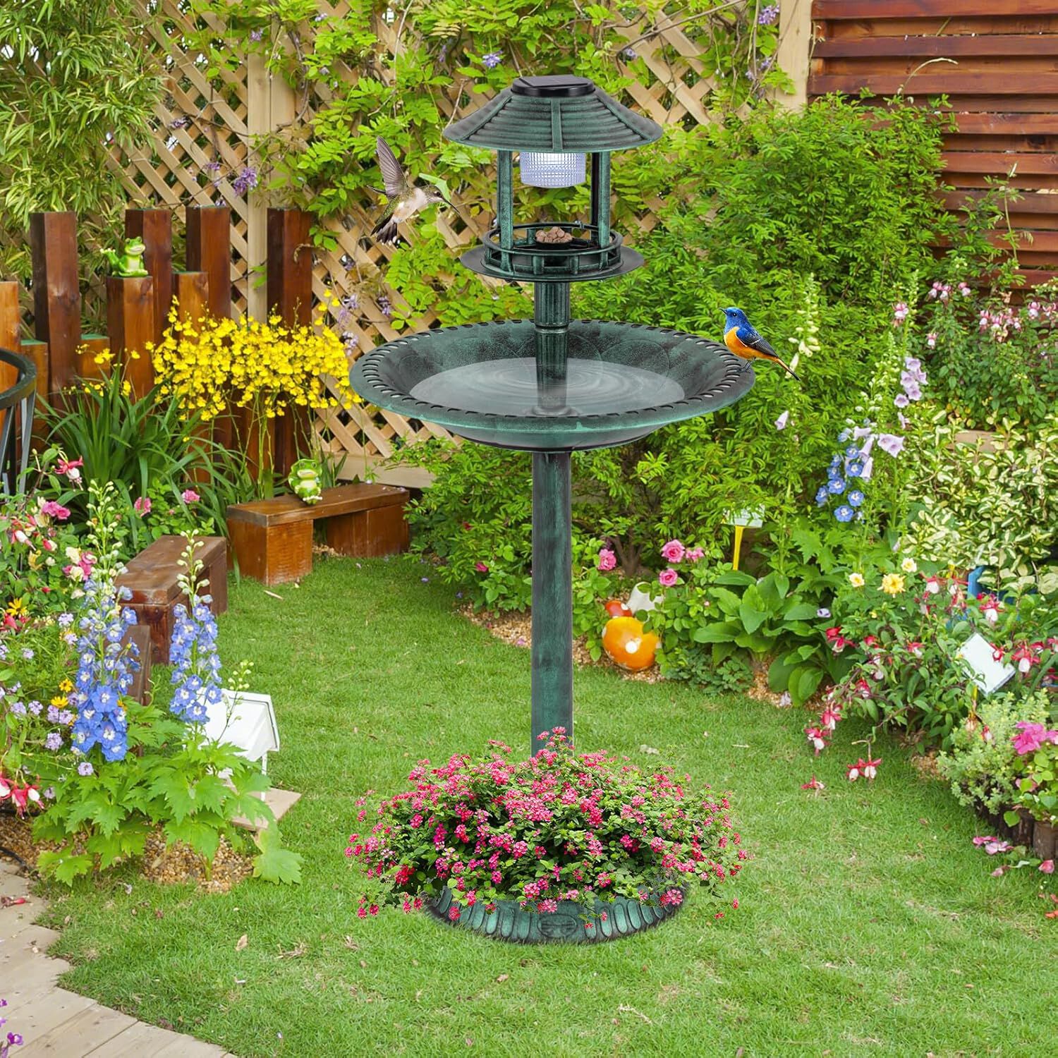 COSTWAY Comedero Pajaros Exterior de PP, Alimentaci&oacute;n de Aves de Jard&iacute;n, Comedero Vertical para P&aacute;jaros en Estilo Retro, Decorativo Exterior Ba&ntilde;o de P&aacute;jaros (Verde Cobre, 50 x 50 x 107 cm), , large Imagen numero 2