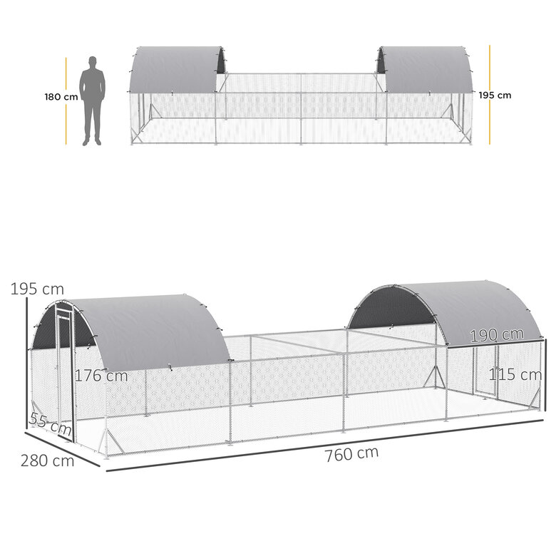 PawHut Gallinero Exterior de Acero Galvanizado 7,6x2,8x1,95 m Gallinero Grande con 4 Pisos Techo Cubierta de Tela Corral para 20-24 Gallinas Conejos Aves Plata, , large image number null