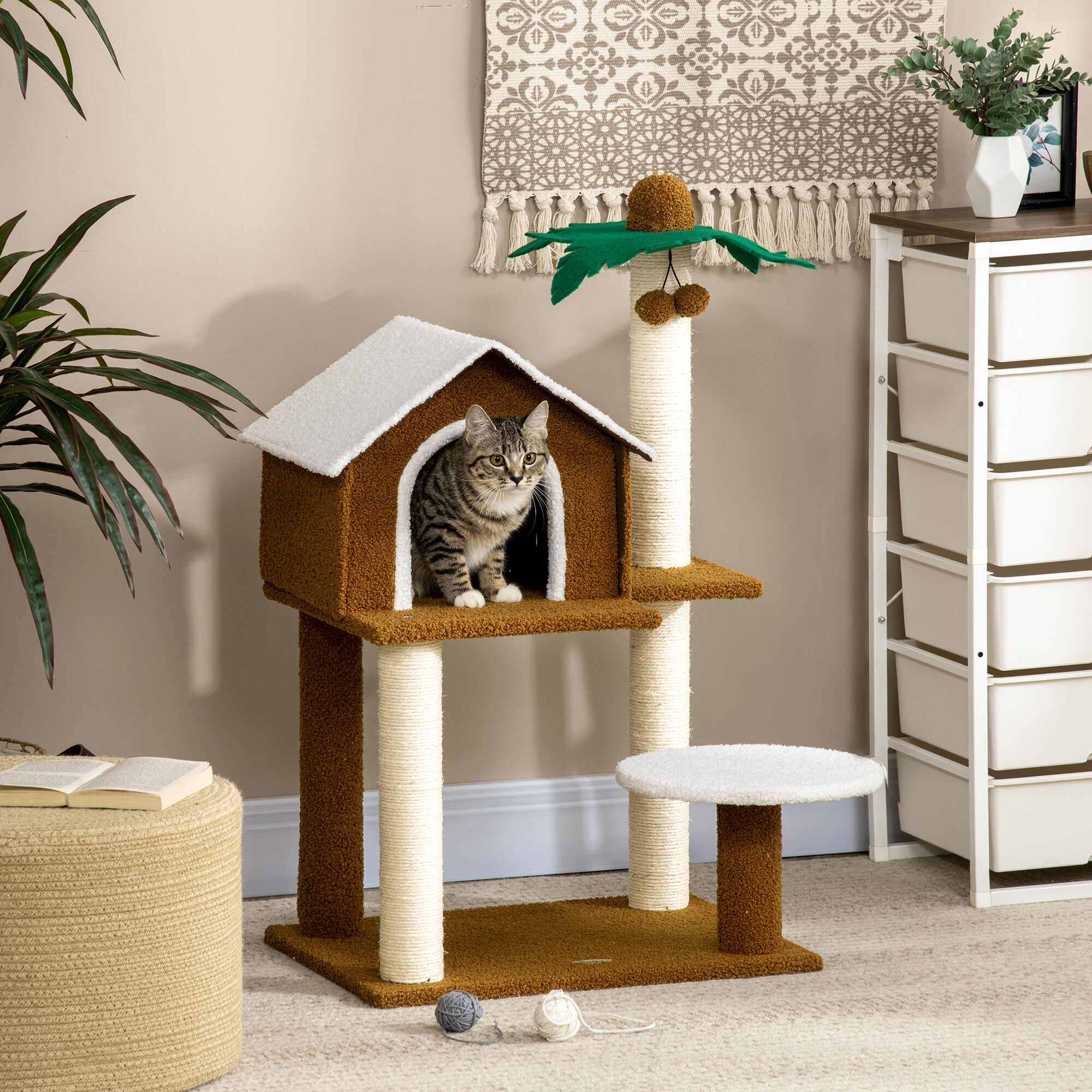 PawHut &Aacute;rbol Rascador para Gatos Altura 89 cm Torre para Gatos con Caseta de Felpa Plataforma Poste en Forma de Coco de Sisal y Bolas Colgantes 55x40x89 cm Marr&oacute;n, , large Imagen numero 3