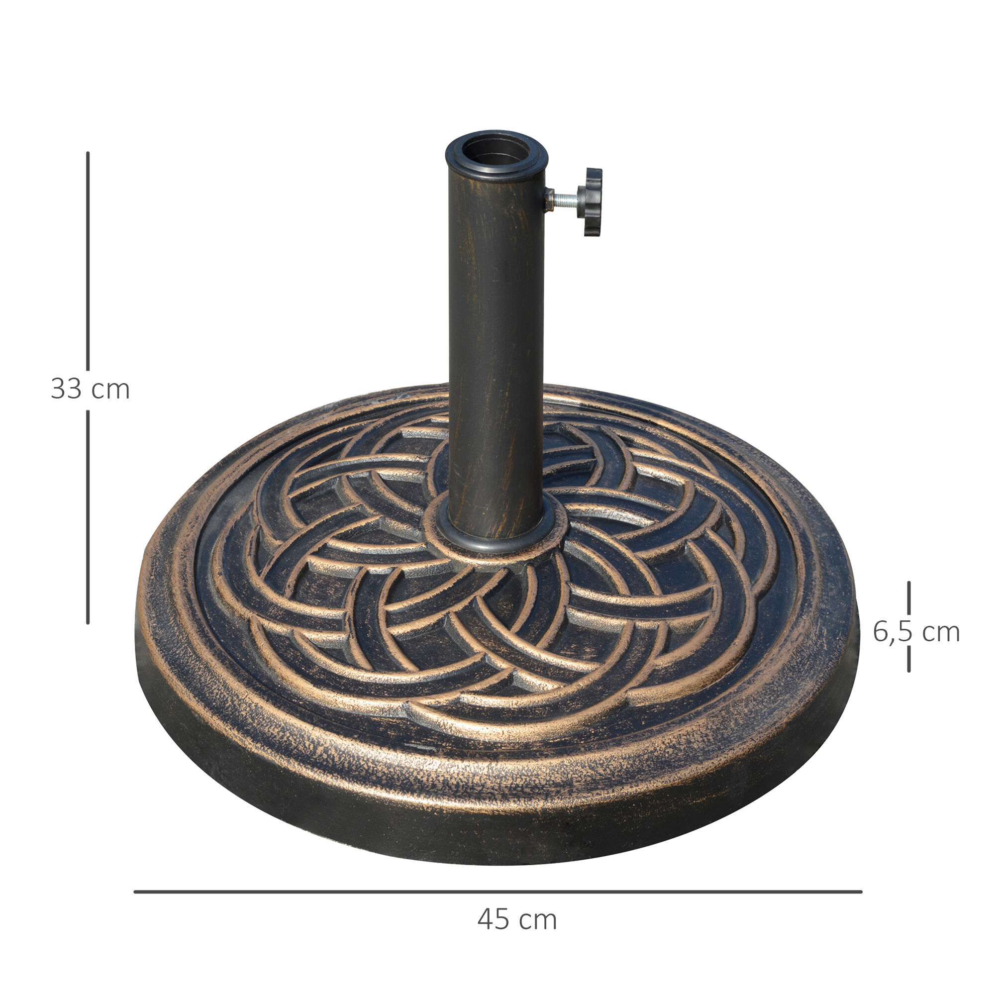 Outsunny Base de Sombrilla de Jard&iacute;n Peso Neto 12 kg Soporte de Parasol Redondo Apto para Postes de 38mm/48mm Resina y Acero para Terraza Patio Exterior &Oslash;45x33 cm Bronce, , large Imagen numero 3