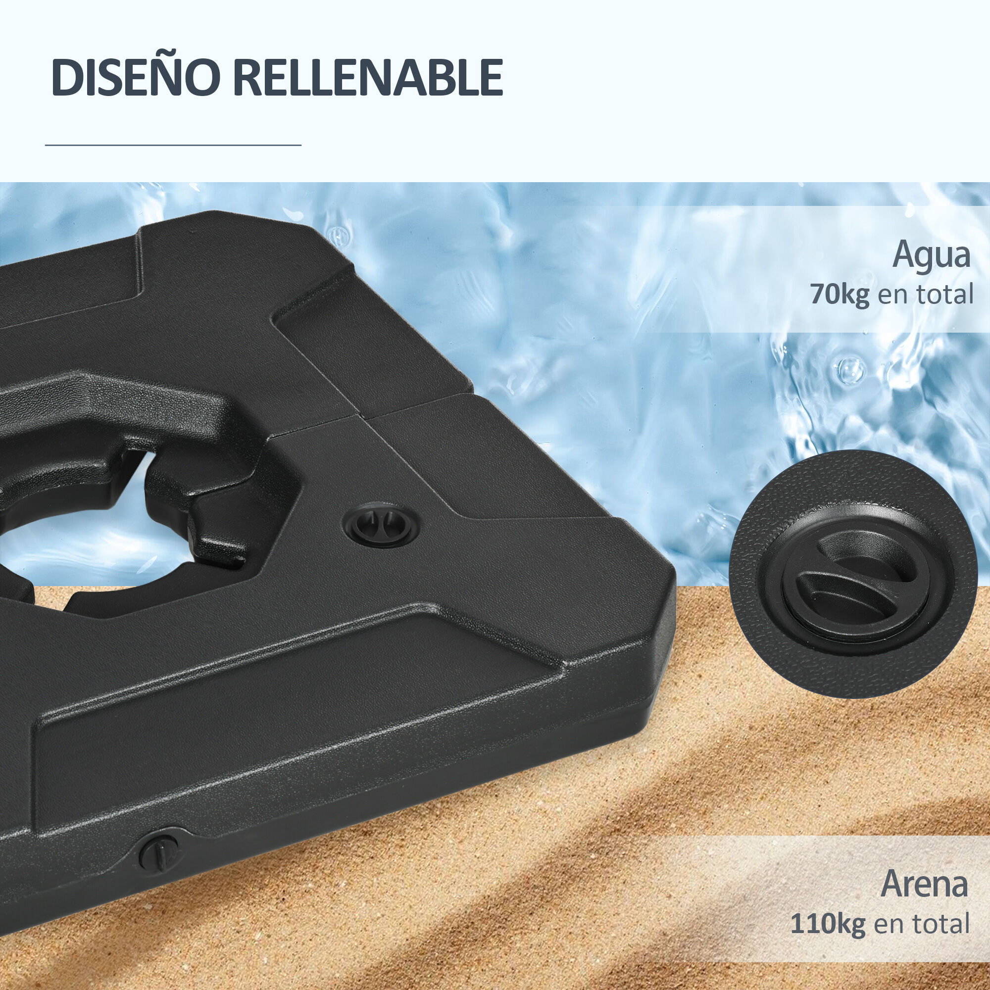 Outsunny 2 Pesos para Base de Sombrilla Rellenable de Arena 110 kg o Agua 70 kg para Base Cruzada de Parasol Sombrilla Cantilever para Jard&iacute;n Terraza Exterior 88,5x88,5x12 cm Negro, , large Imagen numero 5