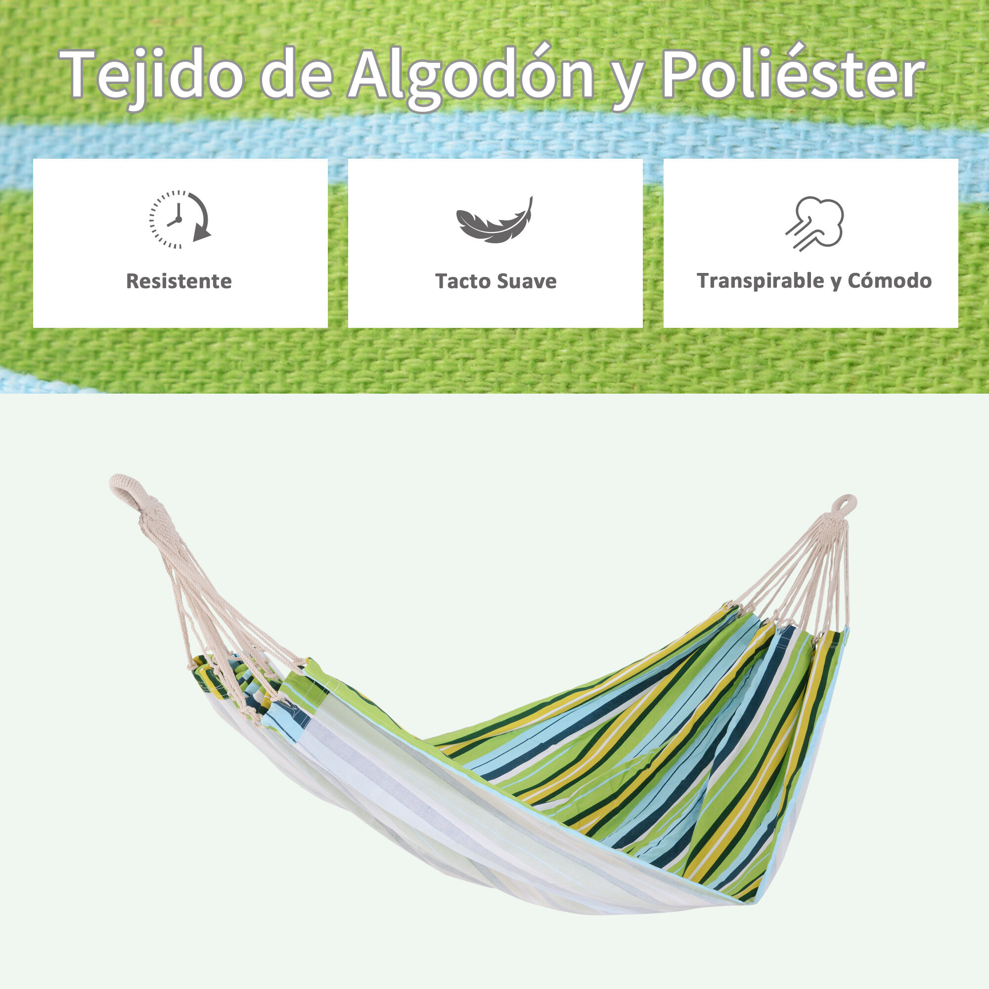 Outsunny Hamaca de Algod&oacute;n para Jard&iacute;n 200x150 cm Hamaca Colgante Port&aacute;til Carga M&aacute;x. 180 kg para Acampar Piscina Camping Rayas Multicolor, , large Imagen numero 5