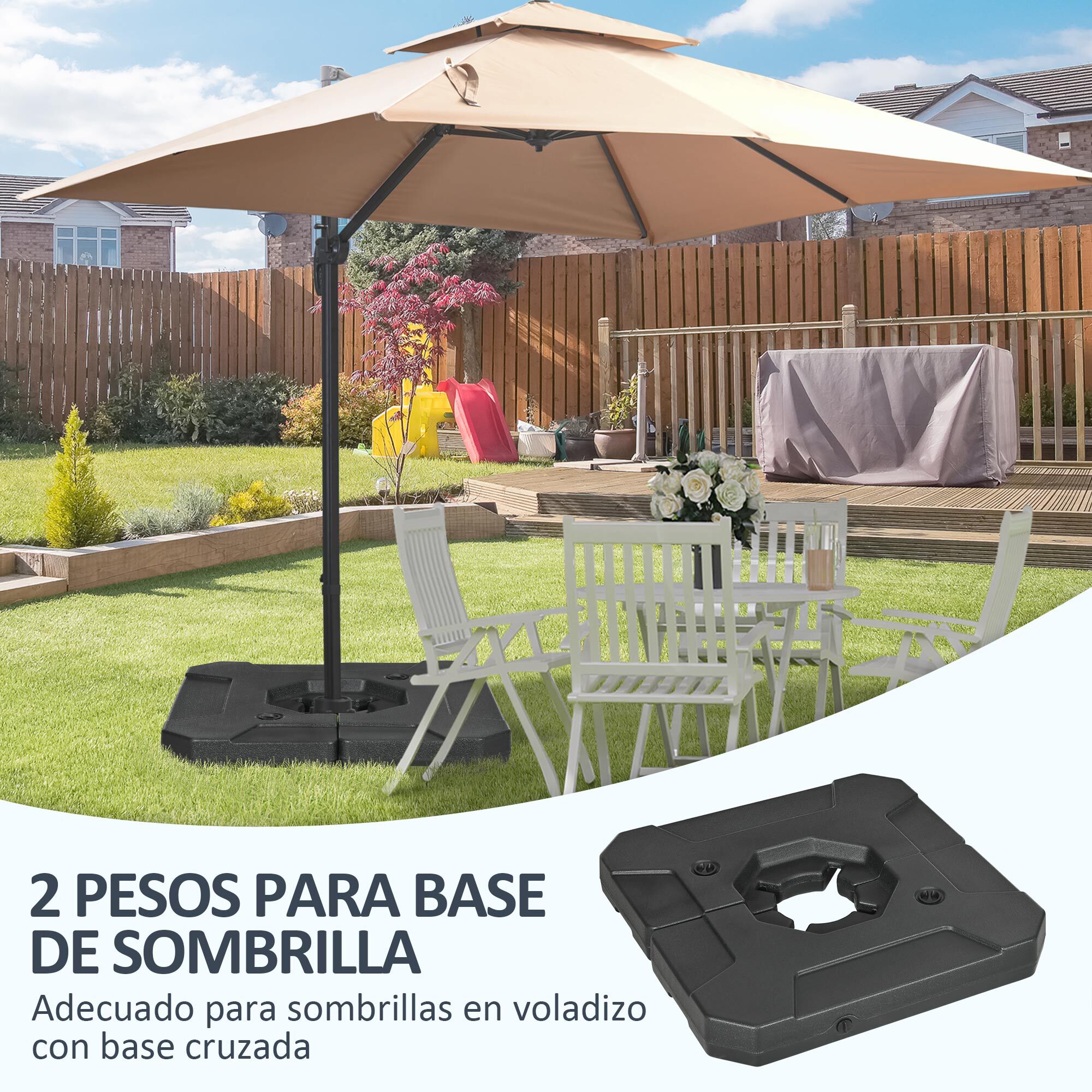 Outsunny 2 Pesos para Base de Sombrilla Rellenable de Arena 110 kg o Agua 70 kg para Base Cruzada de Parasol Sombrilla Cantilever para Jard&iacute;n Terraza Exterior 88,5x88,5x12 cm Negro, , large Imagen numero 4
