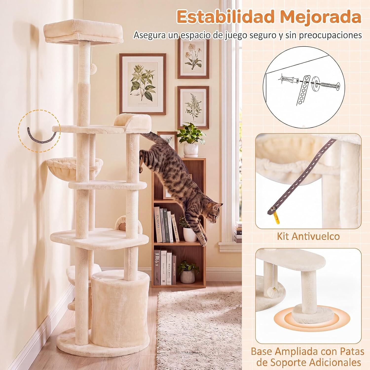 COSTWAY 149 cm Gran &Aacute;rbol Rascador para Gatos con M&uacute;ltiples Niveles | Torre de Juegos con Postes Rascadores de Sisal, Casita, Cesta, Perchas y Juguetes, Centro de Actividades para 2-3 Gatitos, , large Imagen numero 3