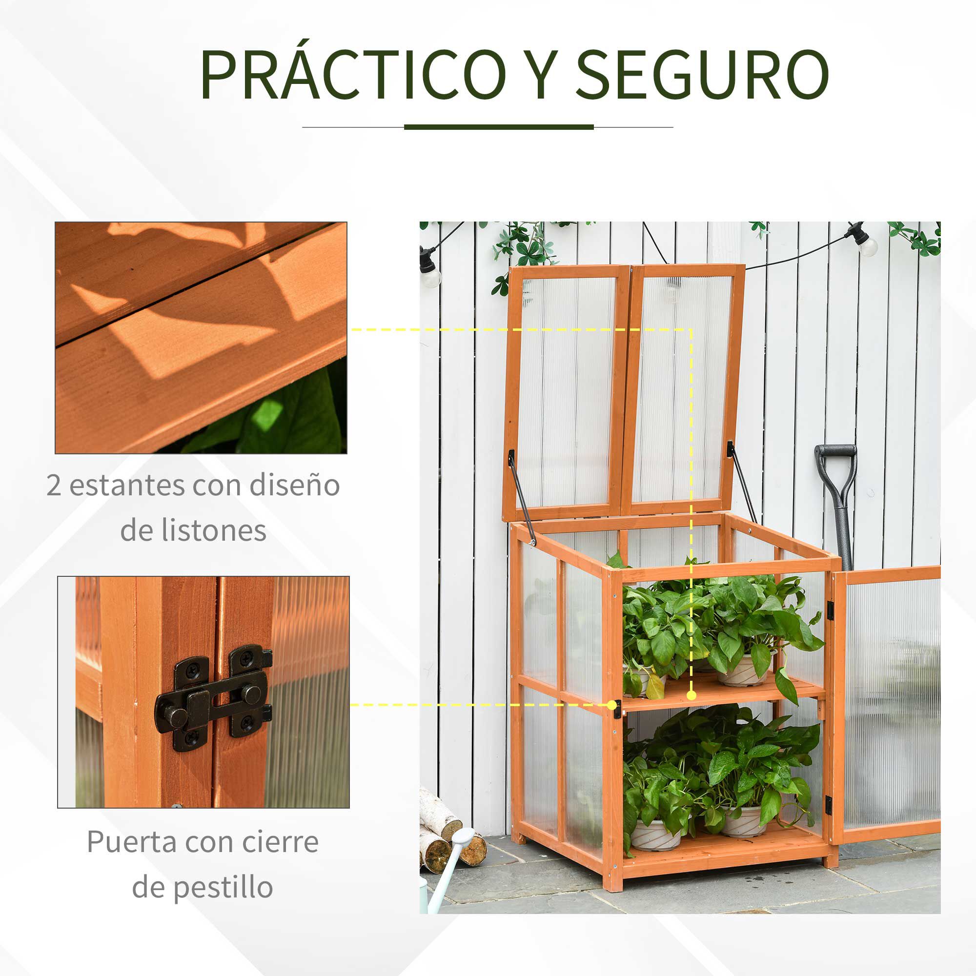 Outsunny Mini Invernadero de Jard&iacute;n Invernadero de Madera y Paneles de Policarbonato Vivero Casero con 2 Estantes Tapas y Puerta para Plantas Huerto Jardiner&iacute;a 62x63x82 cm Madera Natural, , large Imagen numero 5