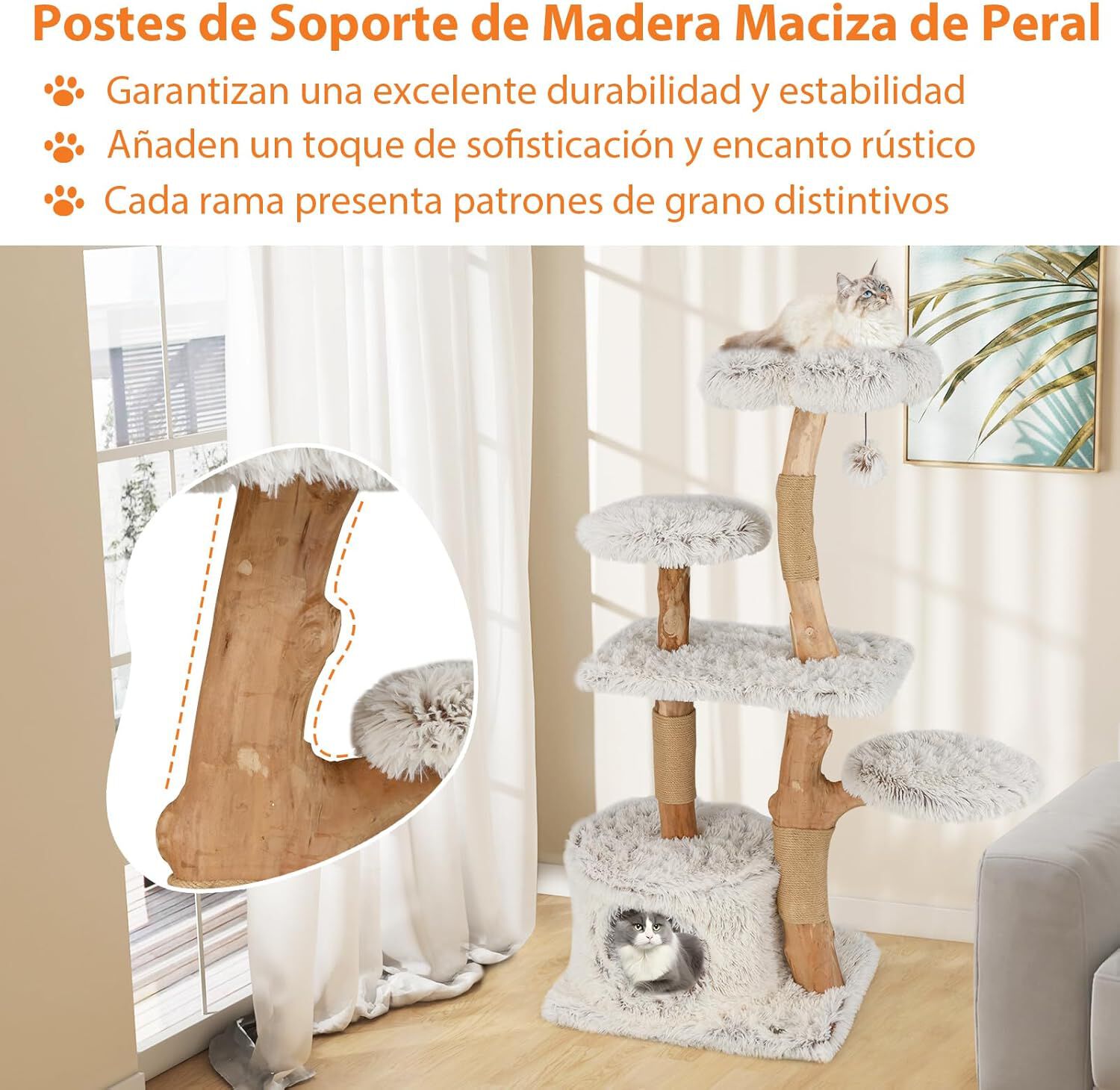 COSTWAY &Aacute;rbol para Gatos Moderno, 135 cm Rascador para Gatos de Yute con Rama Natural y Poste, Percha de Felpa, Condominio, &Aacute;rbol para Gatos de Madera Maciza con Dise&ntilde;o Floral, , large Imagen numero 3