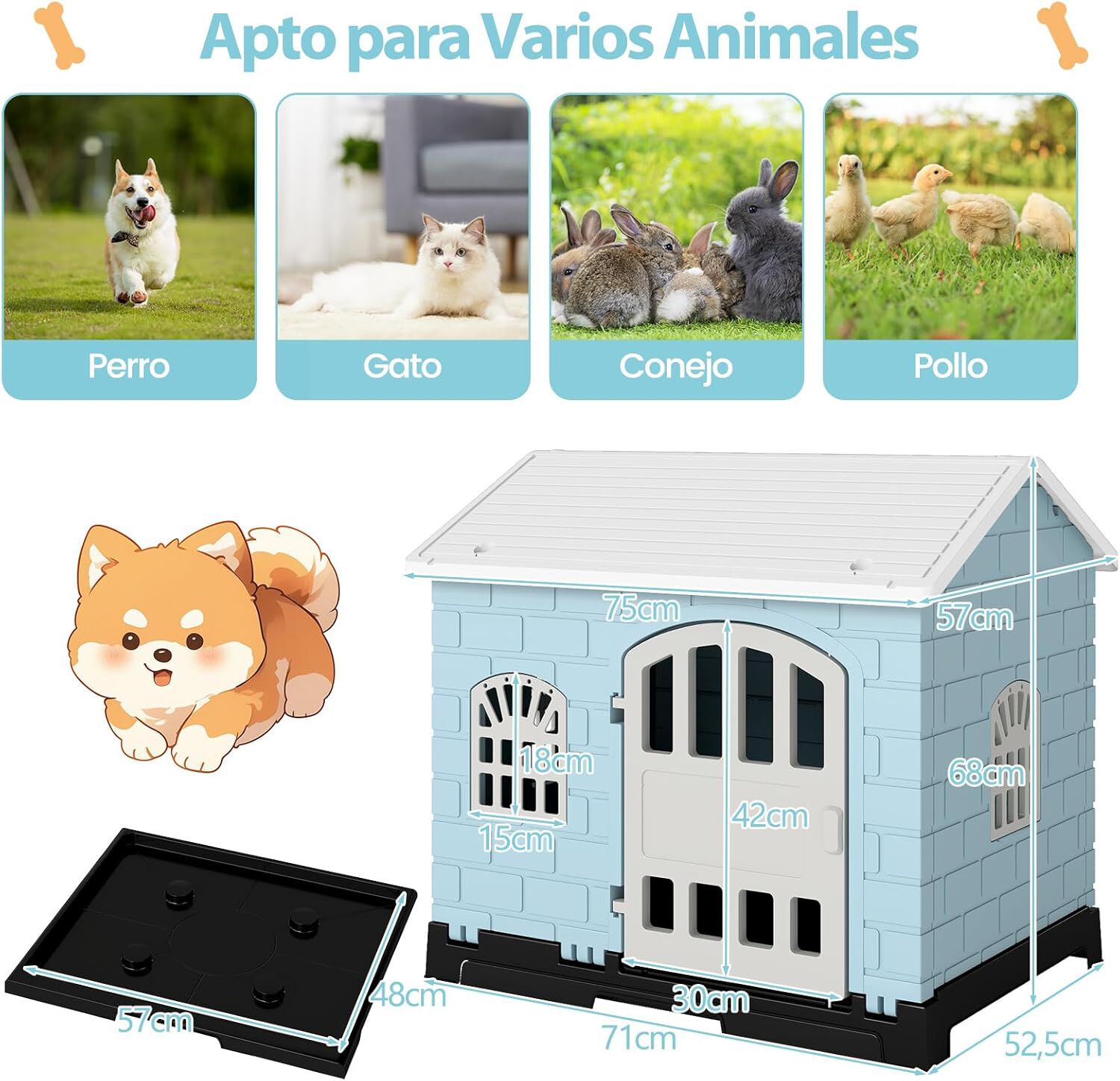 COSTWAY Casa para Perros Plegable de Pl&aacute;stico, Refugio para Mascotas Resistente a la Intemperie con Bandeja de Inodoro, Puerta con Cerradura, Techo Inclinado, Jaula de Interior Exterior para Cachorros Gatos, , large Imagen numero 5