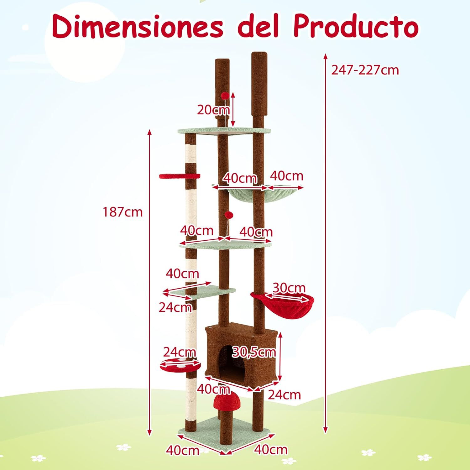 COSTWAY &Aacute;rbol Rascador para Gatos de Suelo a Techo, Torre Rascador Alta para Gatos, Ajustable de 207-277 cm, con Condo y Hamaca, Cesta Colgante, Postes para Rascar de Sisal, 2 Pelotas con Resorte, , large Imagen numero 5