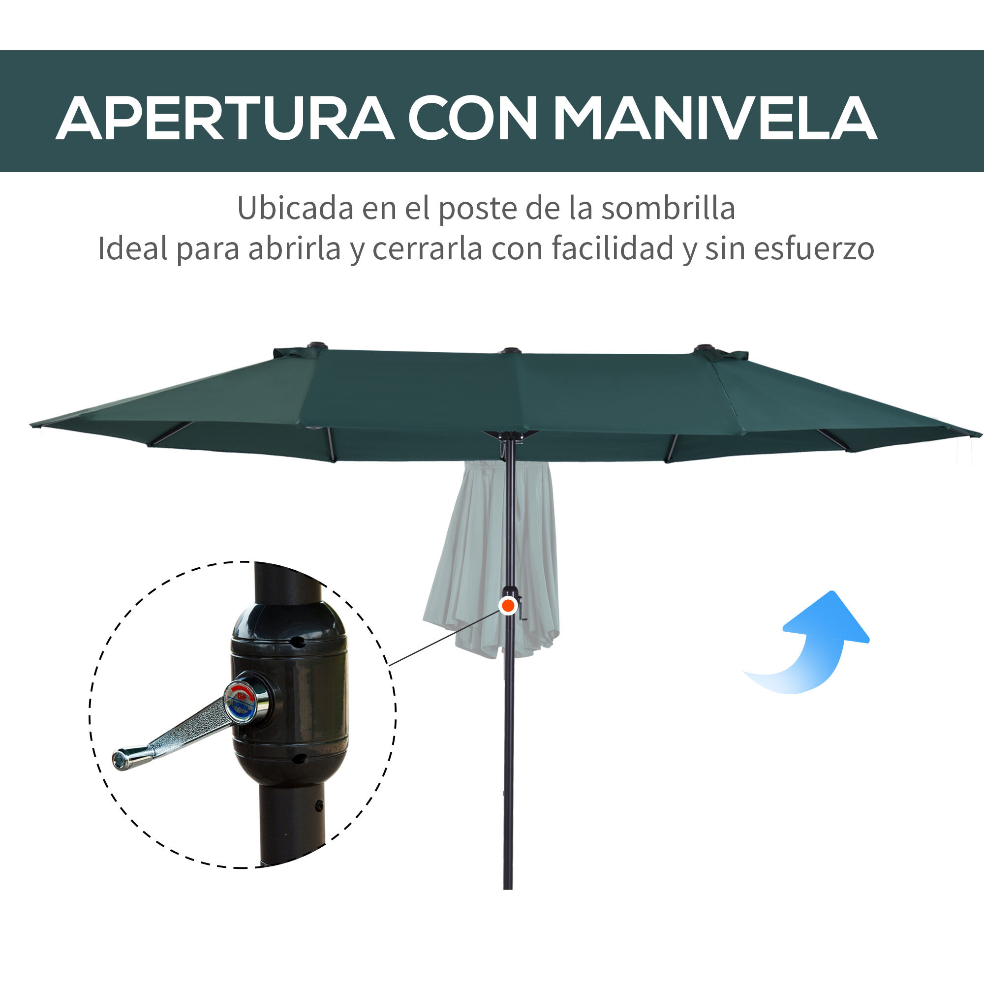 Outsunny Sombrilla de Terraza Exterior Parasol Grande 4,6x2,7m Sombrilla de Jard&iacute;n con Manivela Manual Resistente al Agua y Protecci&oacute;n Solar para Terraza Playa Piscina Verde, , large Imagen numero 5