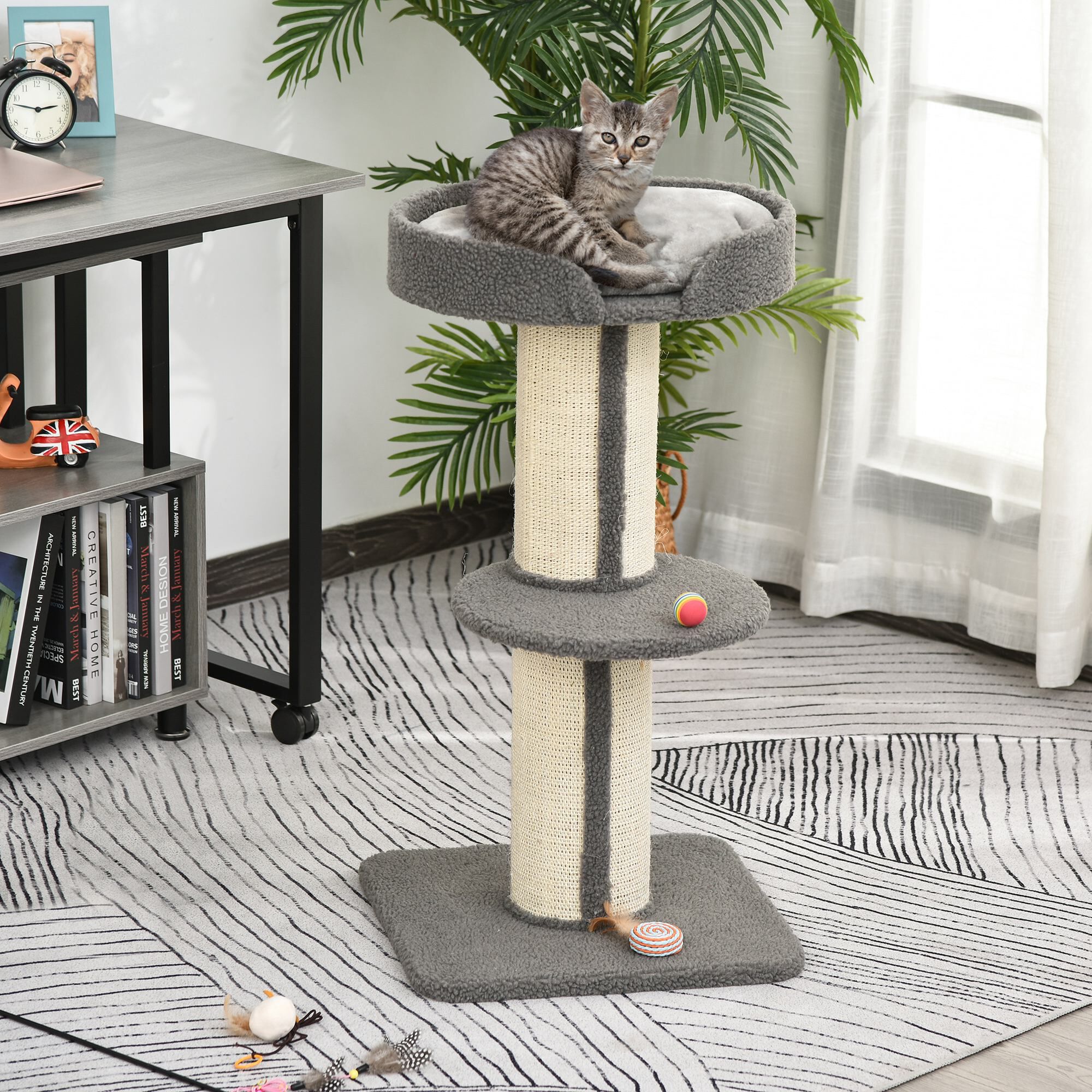 PawHut &Aacute;rbol Rascador para Gatos Altura 91 cm &Aacute;rbol para Gatos Torre para Gatos de 3 Niveles con Nido Plataforma y Poste de Sisal 45x45x91 cm Gris, , large Imagen numero 2