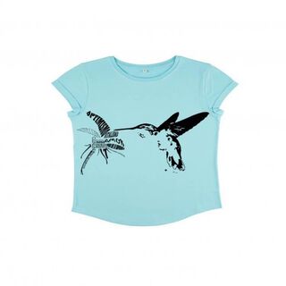 Animal totem camiseta manga corta algodón orgánico colibrí turquesa para mujer