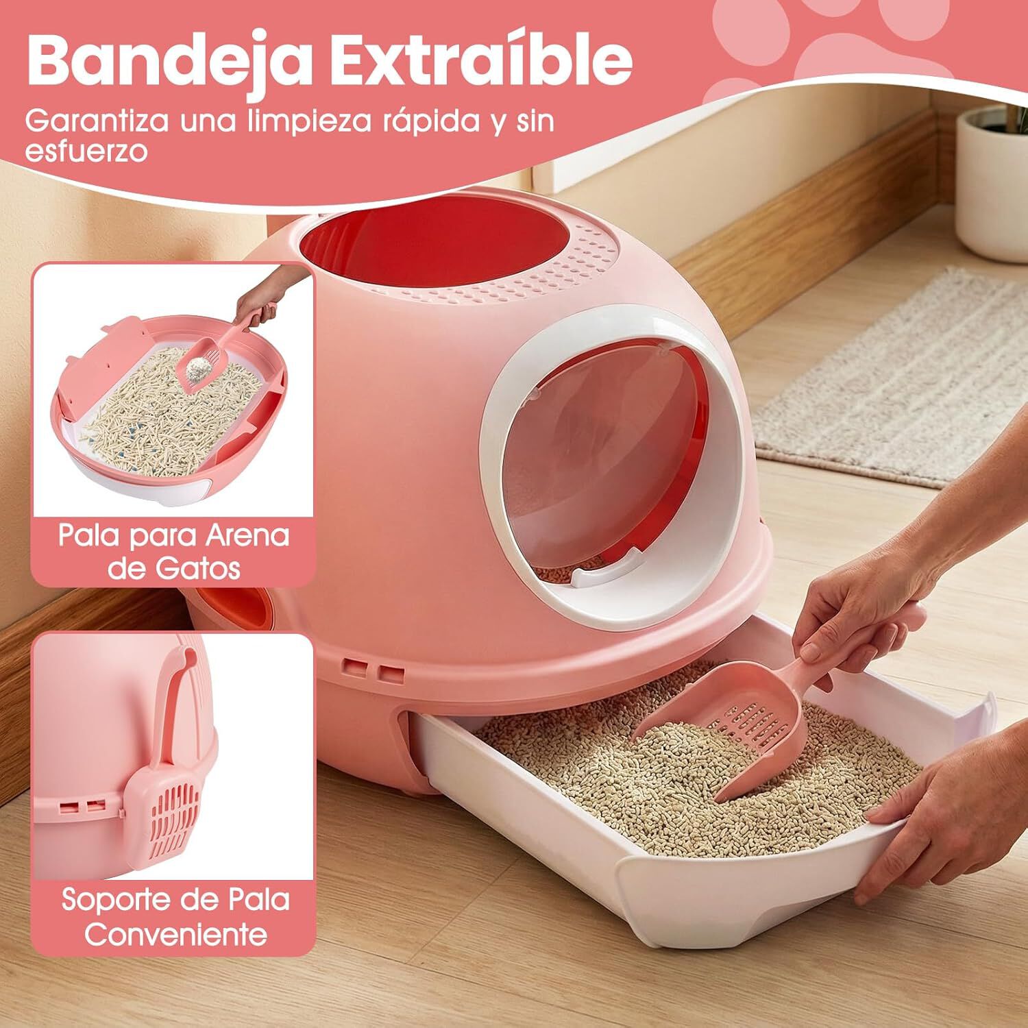 COSTWAY Arenero para Gatos Cubierto, Estilo Helic&oacute;ptero, Caja de Arena Plegable para Gato con Entrada Frontal y Salida Superior, Pala, Bandeja Port&aacute;til para Gatos Grandes, 54 x 46 x 39 cm (Rosa), , large Imagen numero 4