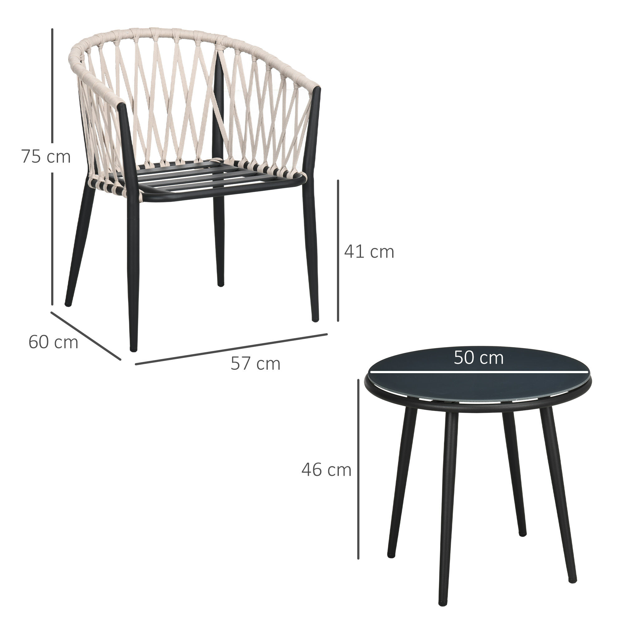 Outsunny Conjunto de Muebles de Jard&iacute;n 3 Piezas Juego de Muebles de Terraza Incluye Mesa con Encimera de Vidrio Templado y 2 Sillones con Cojines Reposabrazos de Cuerda Polipropileno Gris, , large Imagen numero 3