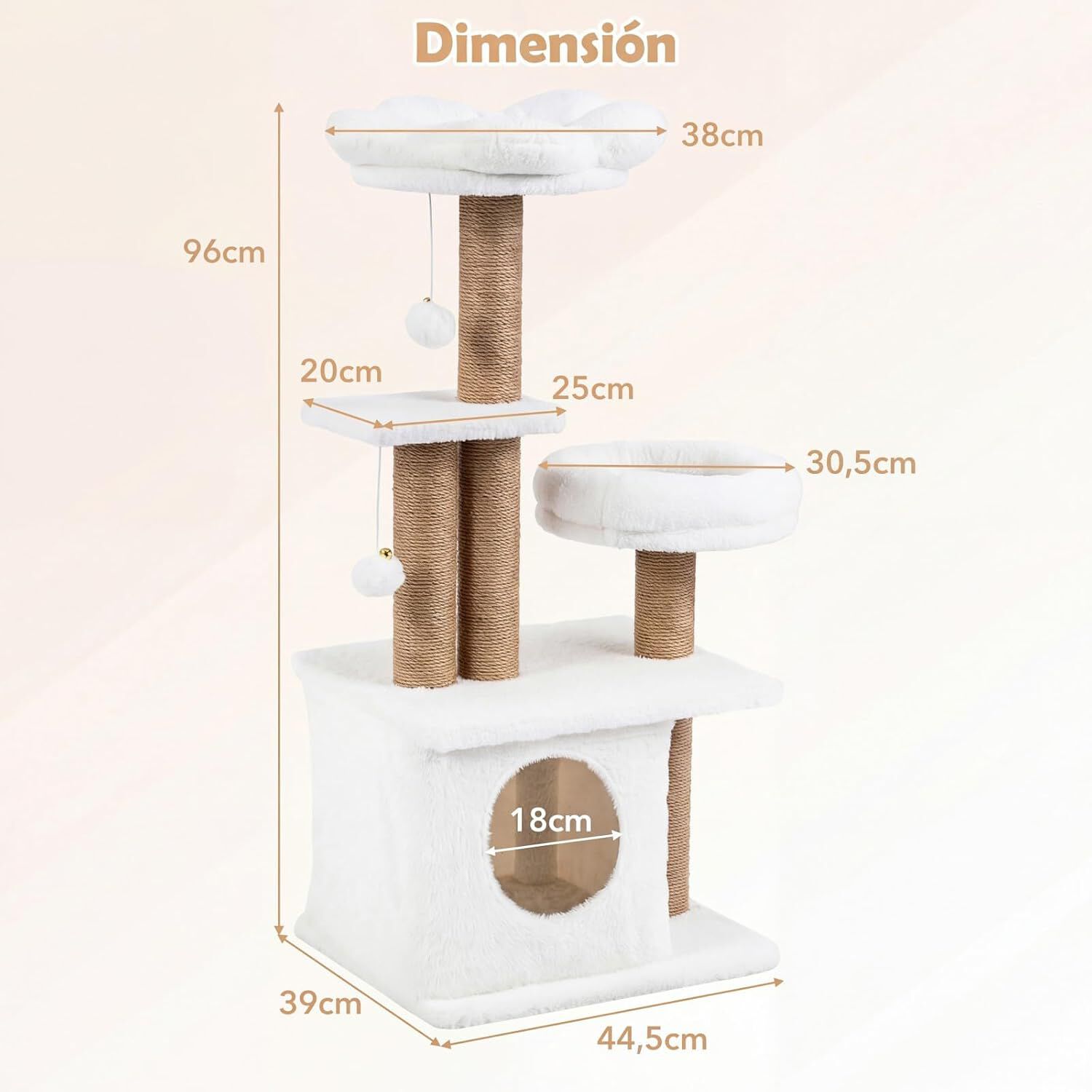 COSTWAY &Aacute;rbol Rascador para Gatos, Torre para Gatos con Percha Superior Acolchonada en Forma de Flor, Condominio y Cama, 2 Bolas Colgantes con Cascabel y Postes, Mueble Multinivel para Escalar (Beige), , large Imagen numero 5