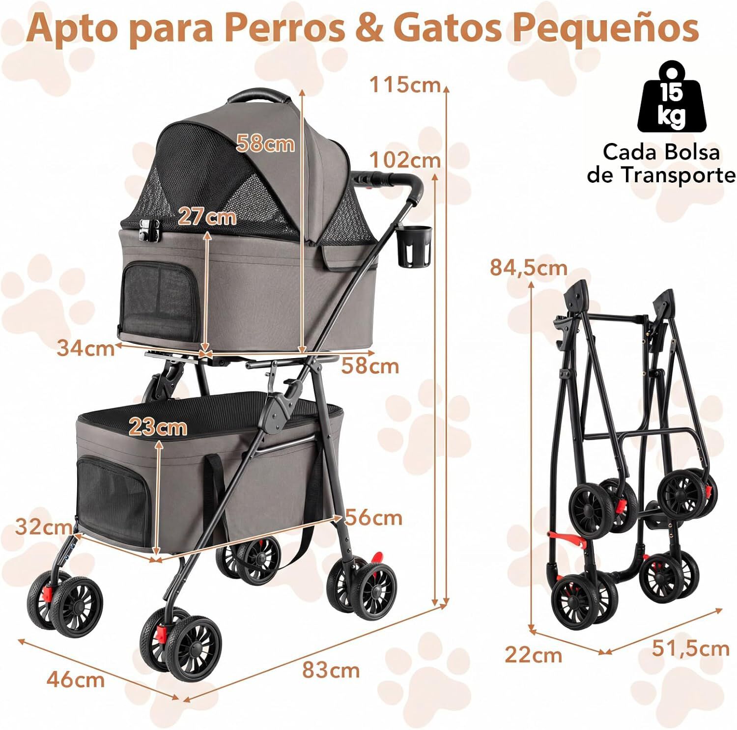 COSTWAY Carrito para Perros Plegable Doble 3 en 1, Cochecito para Perros con 2 Portadores Desmontables, Ruedas con Freno, Malla Transpirable, Portavasos, Carro para Mascotas hasta 15 kg, Gris, , large Imagen numero 5