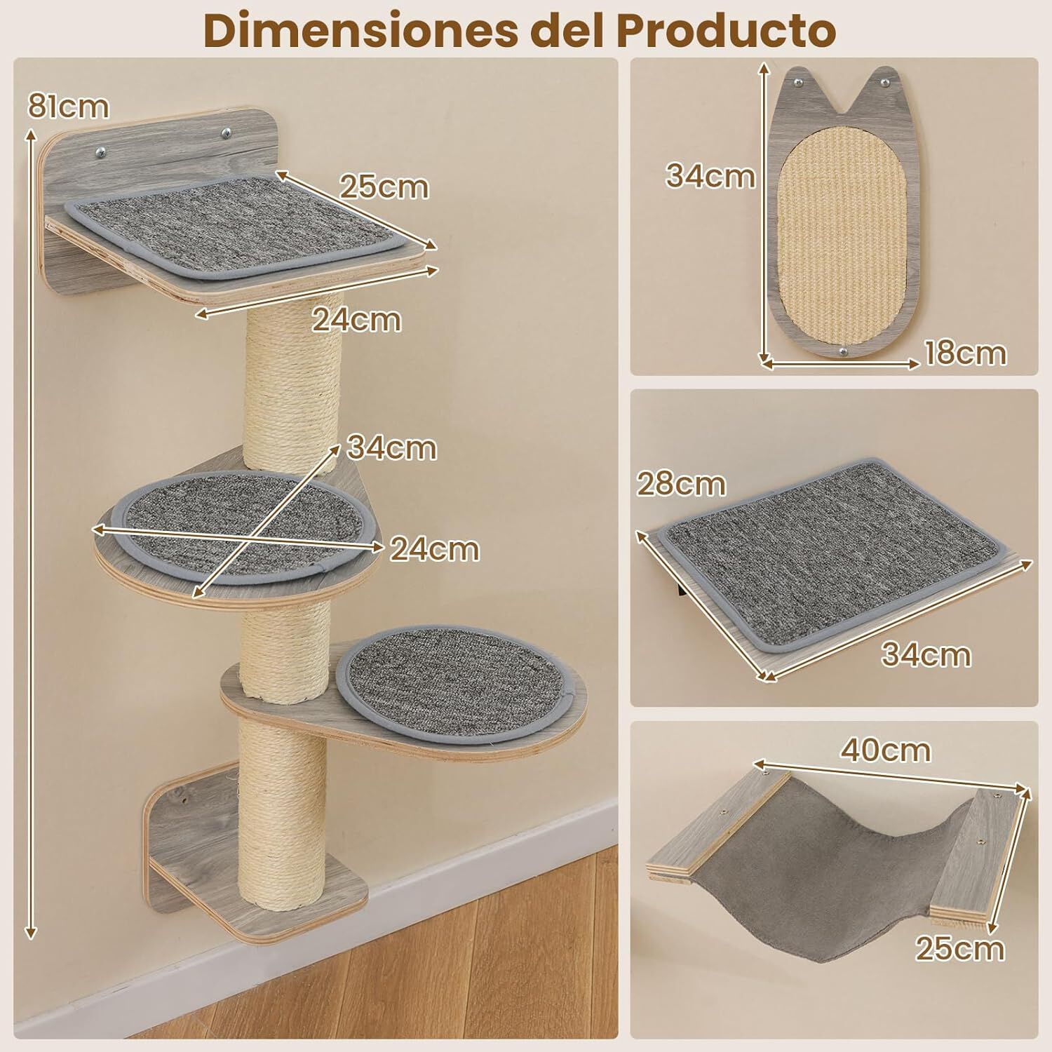 COSTWAY 5PCS Estante de Escalada para Gatos de Pared, Set de Pared de Escalada para Gatos con 4 Niveles, Hamaca, Tabla para Rascar y Almohadillas, 2 Plataformas de Salto de Interior thumbnail
