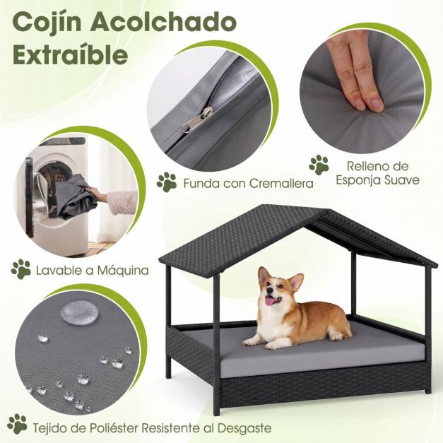 COSTWAY Caseta para Perros Exterior e Interior, Casa Perro de Rat&aacute;n Grande con Dosel, Base Elevada, Coj&iacute;n Removible, Estructura Met&aacute;lica, Cama Elevada para Mascotas, Carga 60 kg, 98x69x74cm, Gris, , large Imagen numero 5