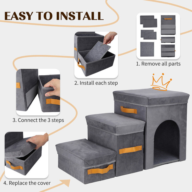 Nobleza Escalera para Perros Peque&ntilde;os y Gatos de 3 Pelda&ntilde;os &ndash; Rampa Plegable y Desmontable con Almacenaje y Cueva de Descanso, Escalones Antideslizantes Soporta hasta 50 kg, 77 &times; 36 &times; 44 cm, Gris, , large Imagen numero 5