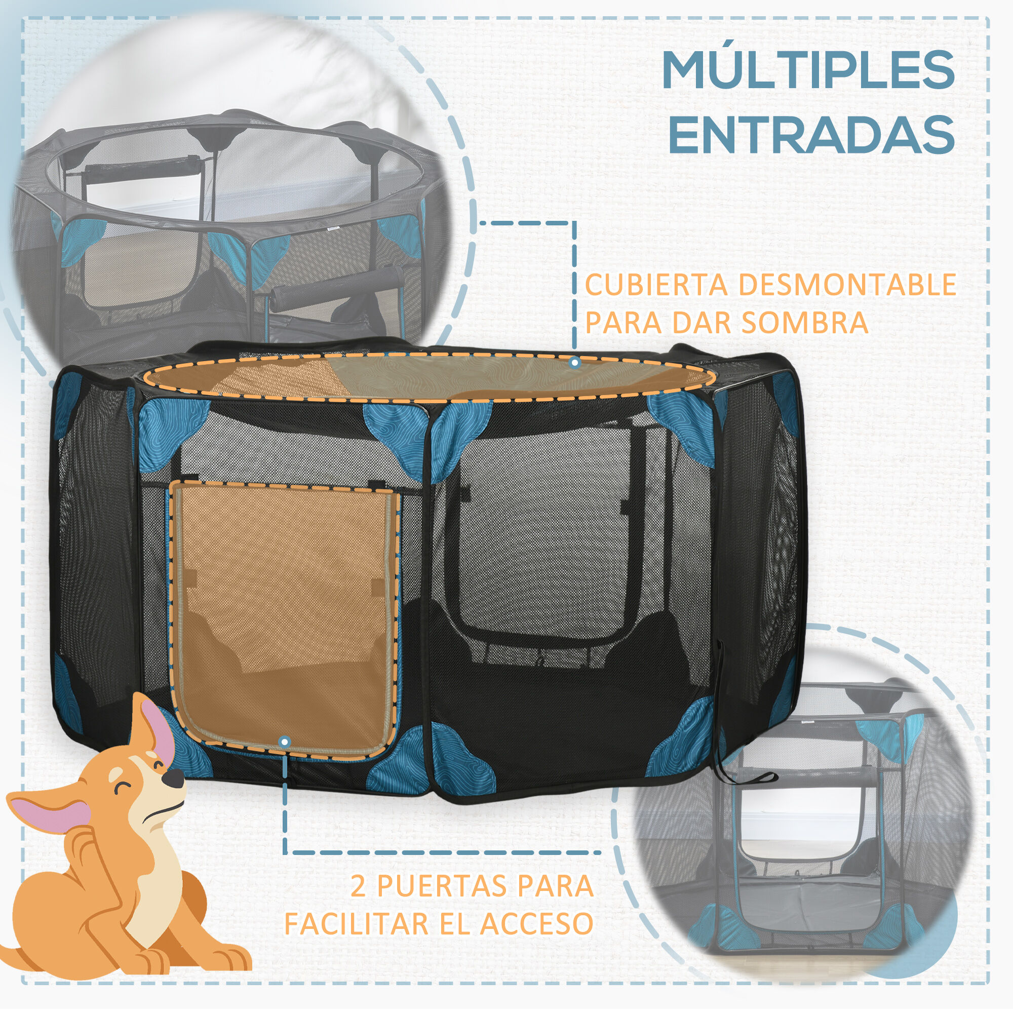 PawHut Parque Plegable para Perros y Gatos de 8 Paneles Parque de Juego para Mascotas con Bolsa de Transporte Recinto Port&aacute;til para Conejos Conejillos de Indias &Oslash;154x76 cm Azul, , large Imagen numero 5