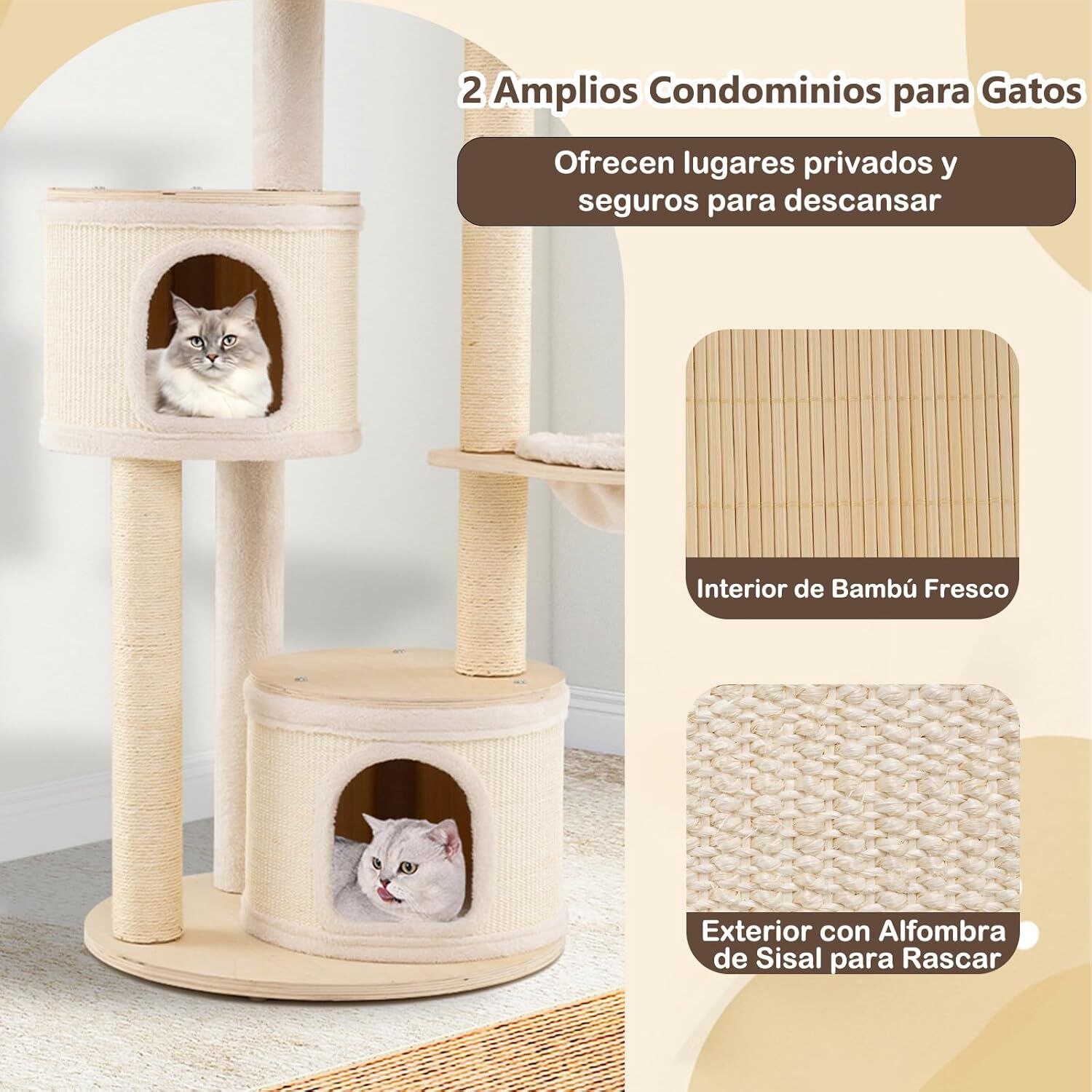 COSTWAY Árbol Rascador para Gatos de 152 cm, Torre Gatos Rascador de Madera Moderno, Árbol de Actividad para Gatito con Postes de Sisal, 2 Casas, Mirador, Hamaca, Bola Colgante, Cojín de Felpa Lavable thumbnail
