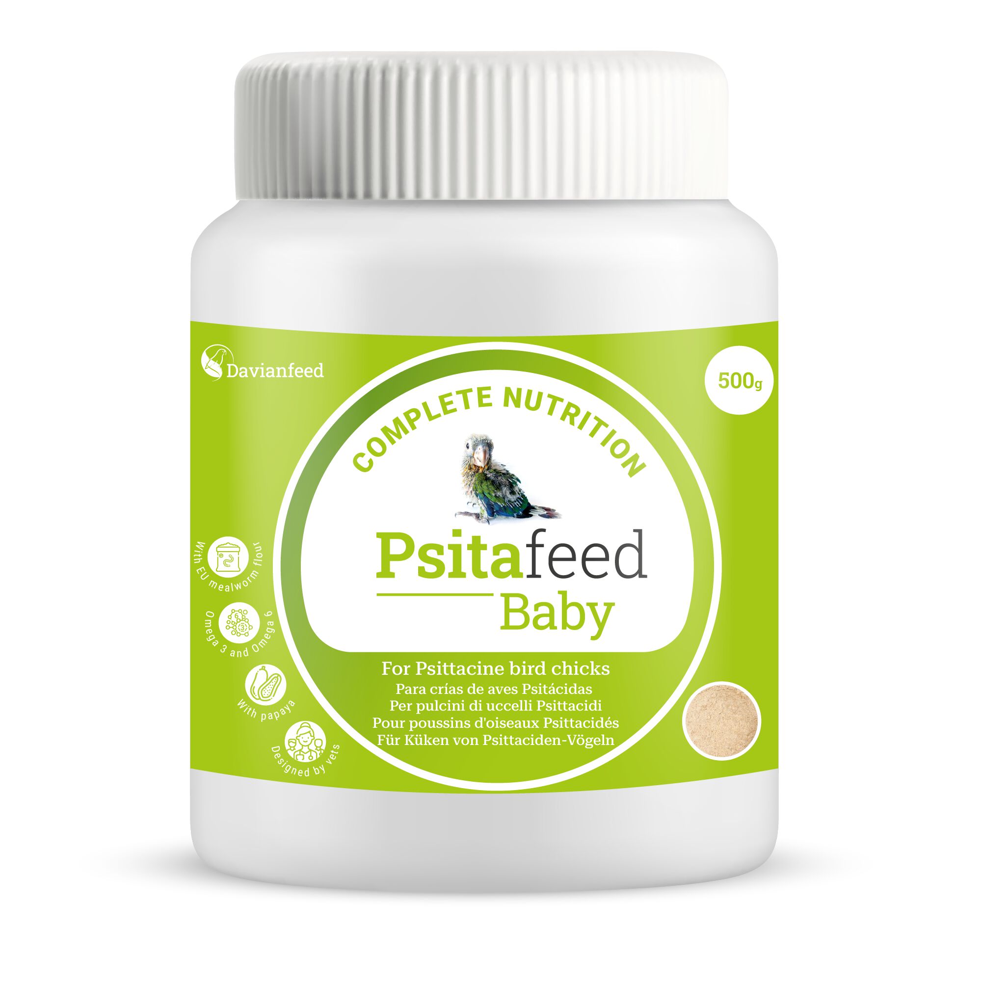 Papilla Nutritiva para Pichones de Psitácidas 500g - Papilla de Cría a Mano para Loros, Guacamayos, Agapornis, Ninfas, Canarios y Gorriones - Estimula el Crecimiento y la Reproducción - Psitafeed Baby