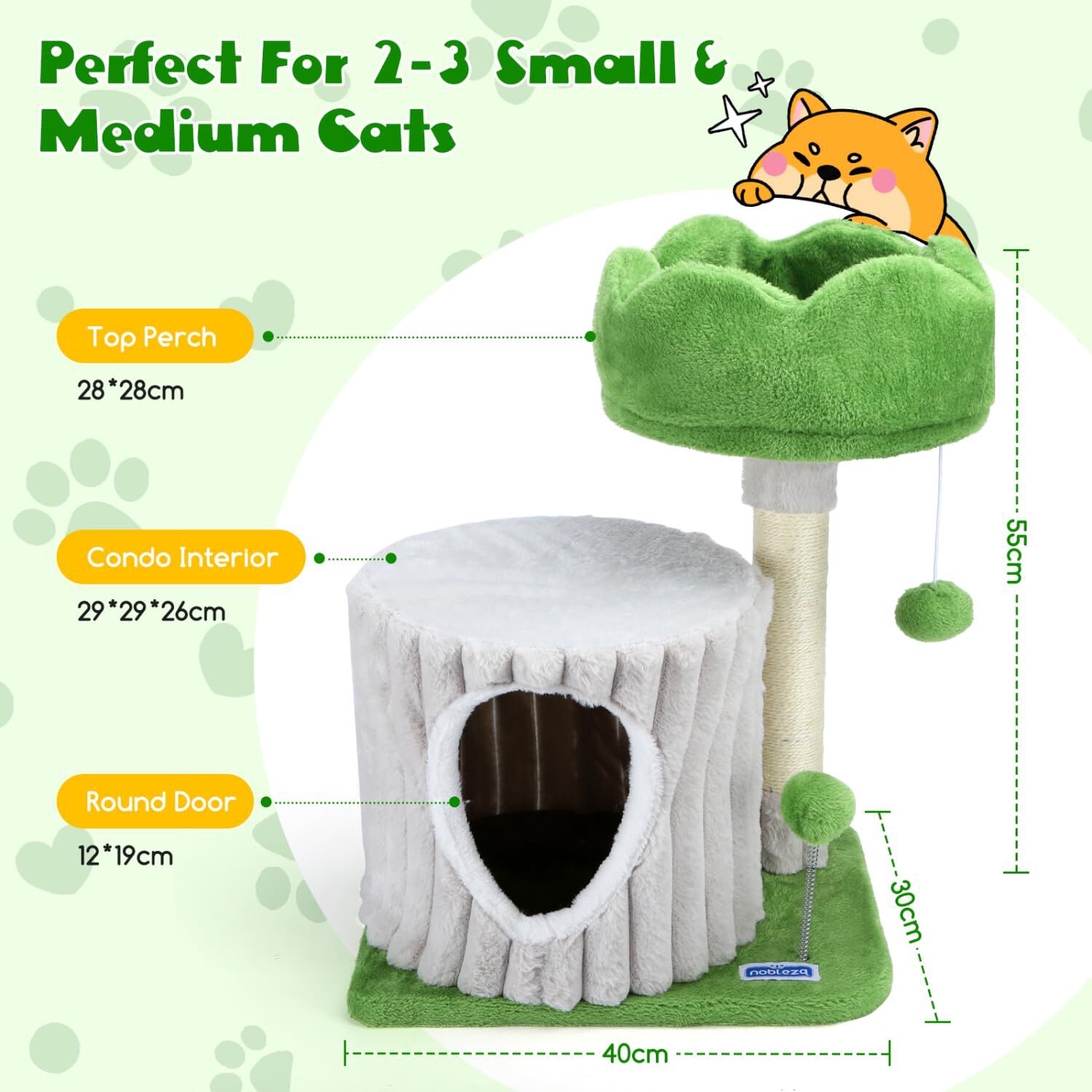 Nobleza - &Aacute;rbol Rascador para Gatos de Toc&oacute;n, Torre para Gatos &Aacute;rbol para Gatos Estable de Varios Niveles con Cueva Dos Bolas, Tree Stump para 1-3 Gatos Medianos, 40x30x53 cm, , large Imagen numero 2