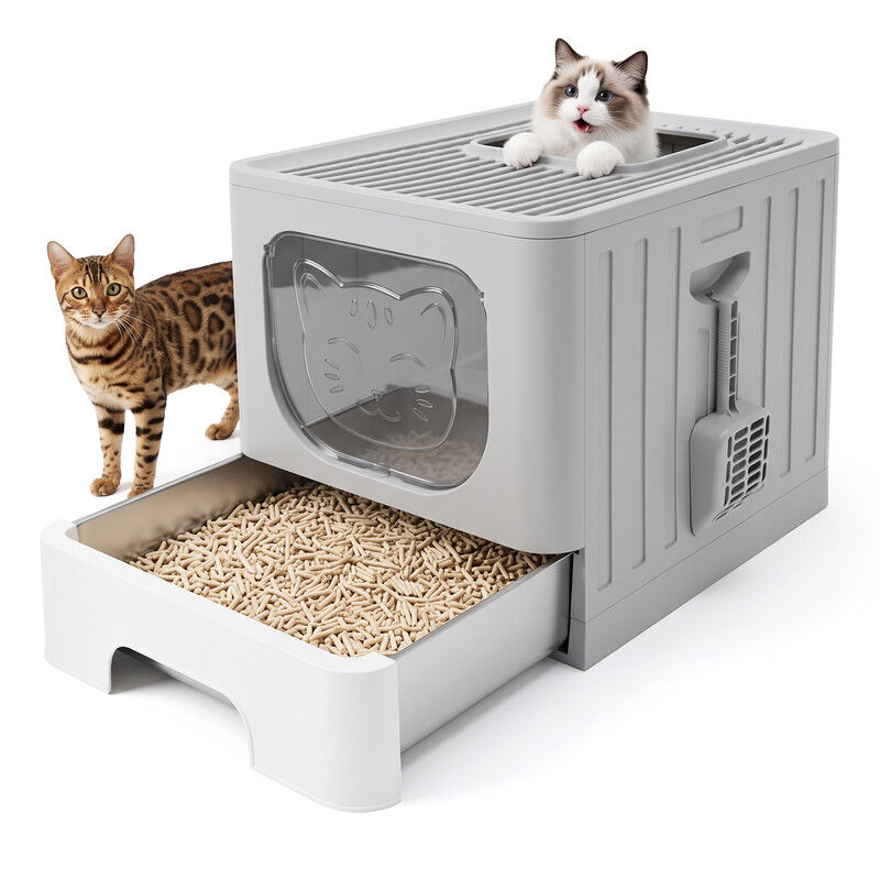 Nobleza Arenero de Acero Inoxidable para Gatos con Caj&oacute;n Extra&iacute;ble (49 x 38 x 39 cm) - Arenero Cubierto Cerrado Antiolor, Bandeja Sanitaria con Rejilla Anti-Rastreo, Anti-Fugas, Pala y Cepillo, Gris, , large Imagen numero 1