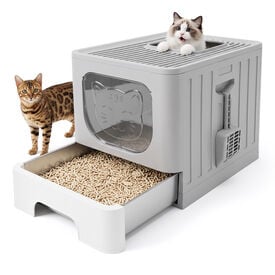 Nobleza Arenero de Acero Inoxidable para Gatos con Caj&oacute;n Extra&iacute;ble (49 x 38 x 39 cm) - Arenero Cubierto Cerrado Antiolor, Bandeja Sanitaria con Rejilla Anti-Rastreo, Anti-Fugas, Pala y Cepillo, Gris