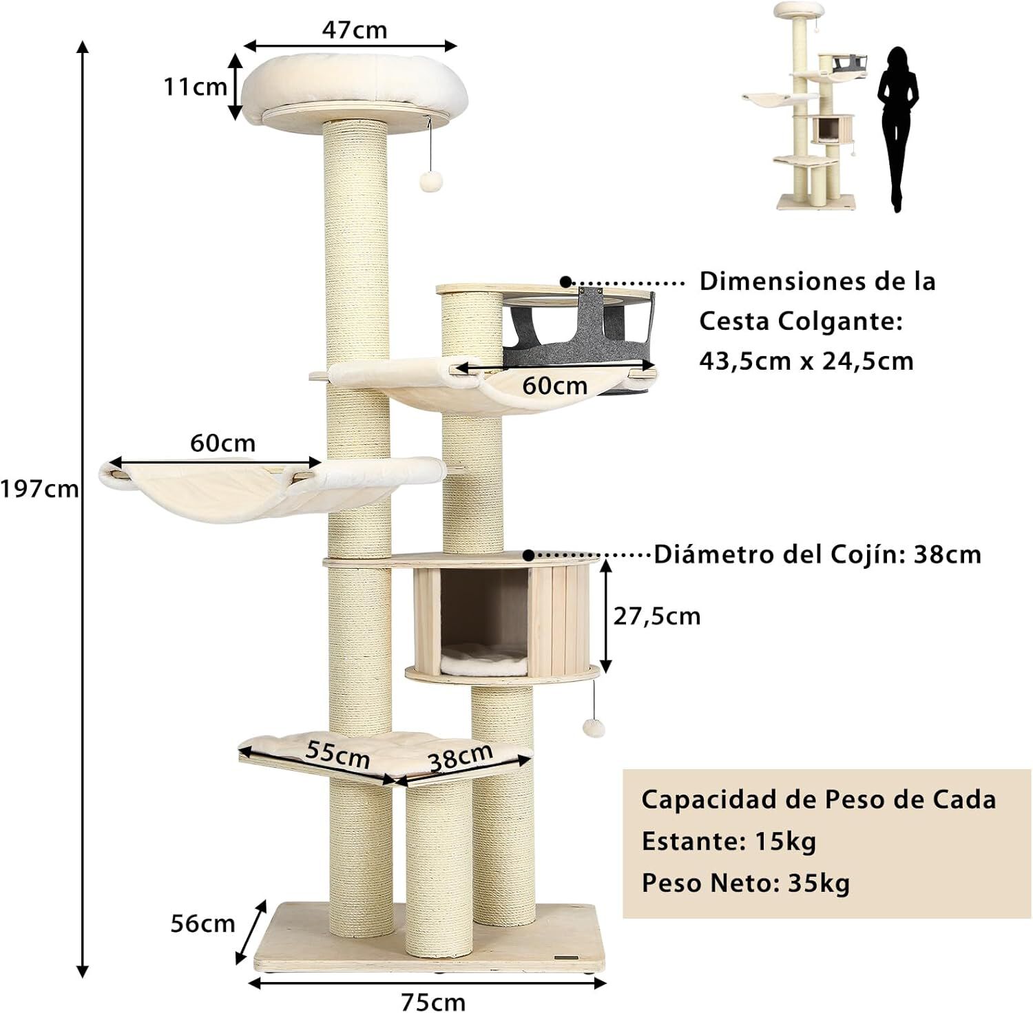 COSTWAY Árbol de Múltiples Niveles con Condominio de Madera y Hamacas para gatos thumbnail